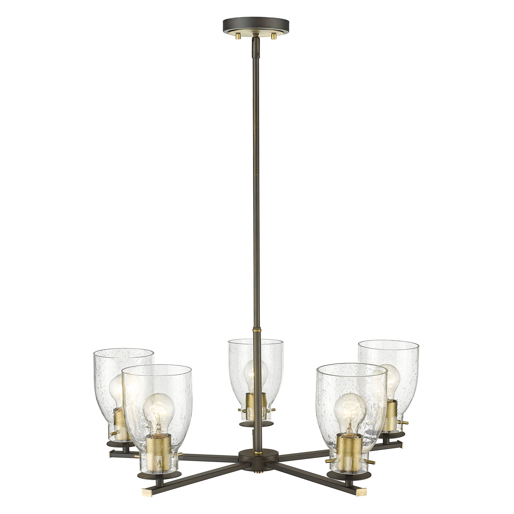 Shown in Oil Rubbed Bronze And Antique Brass finish and Clear Seedy Glass shade