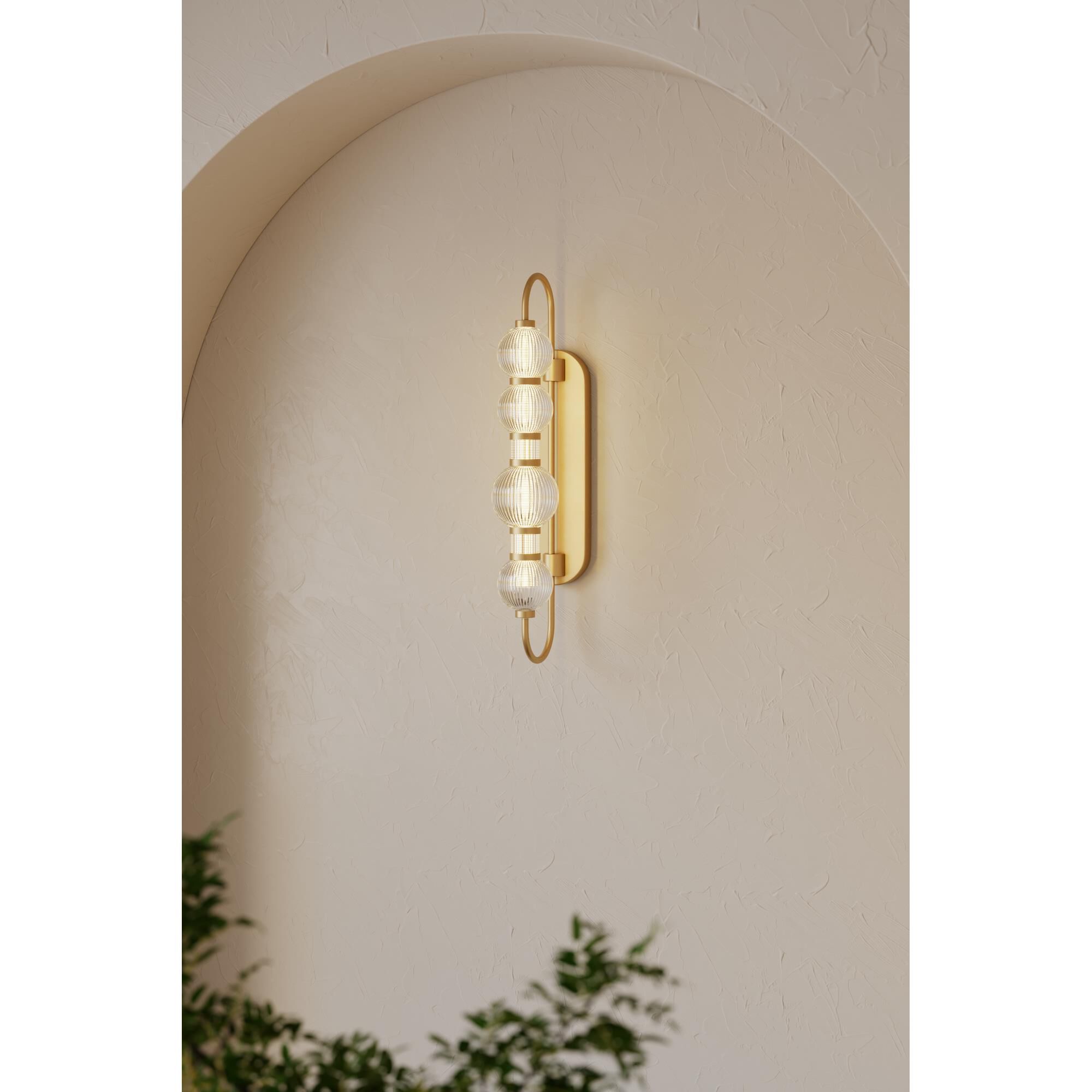 Shown in Legacy Brass finish and Clear Ribbed glass