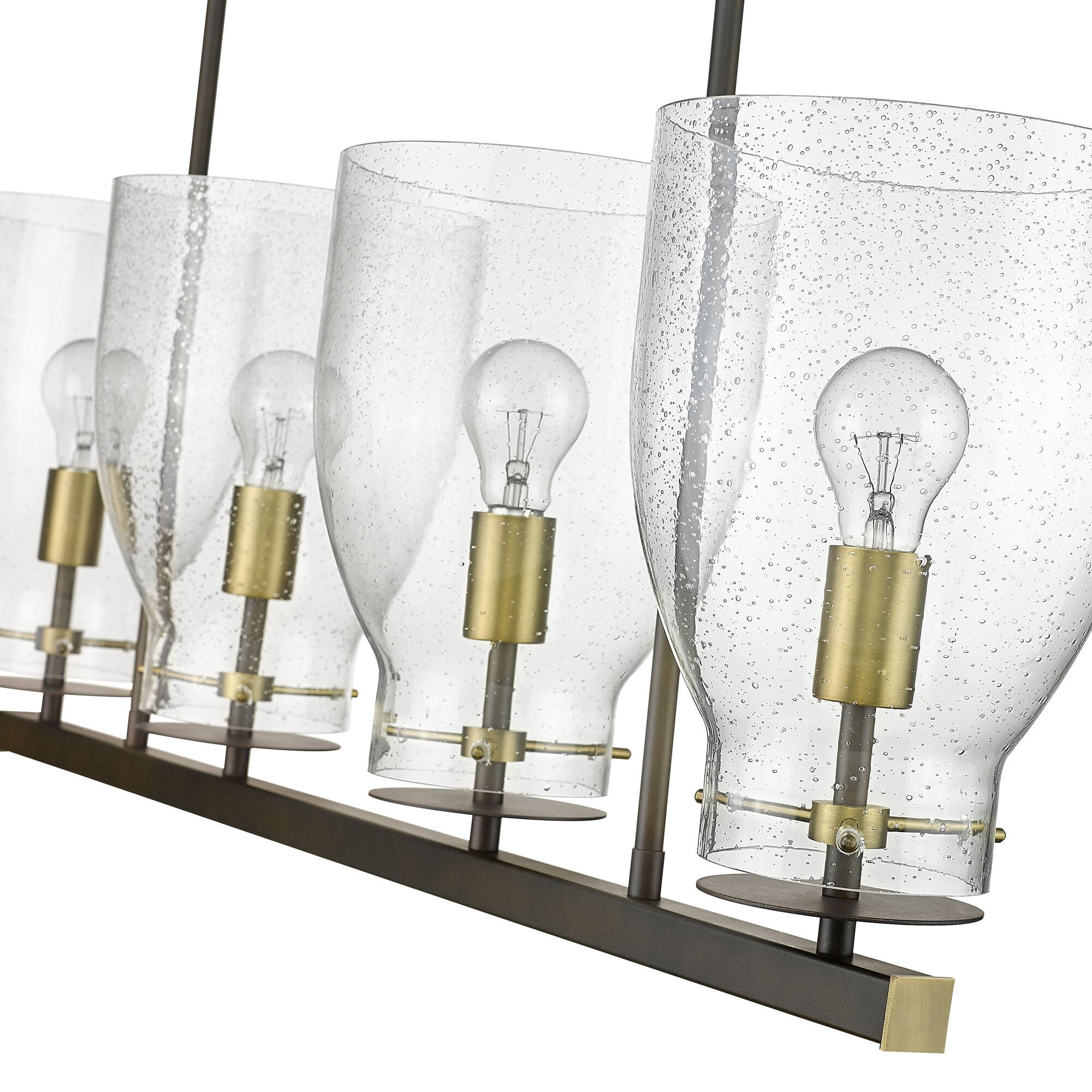 Shown in Oil Rubbed Bronze And Antique Brass finish and Clear Seedy Glass shade