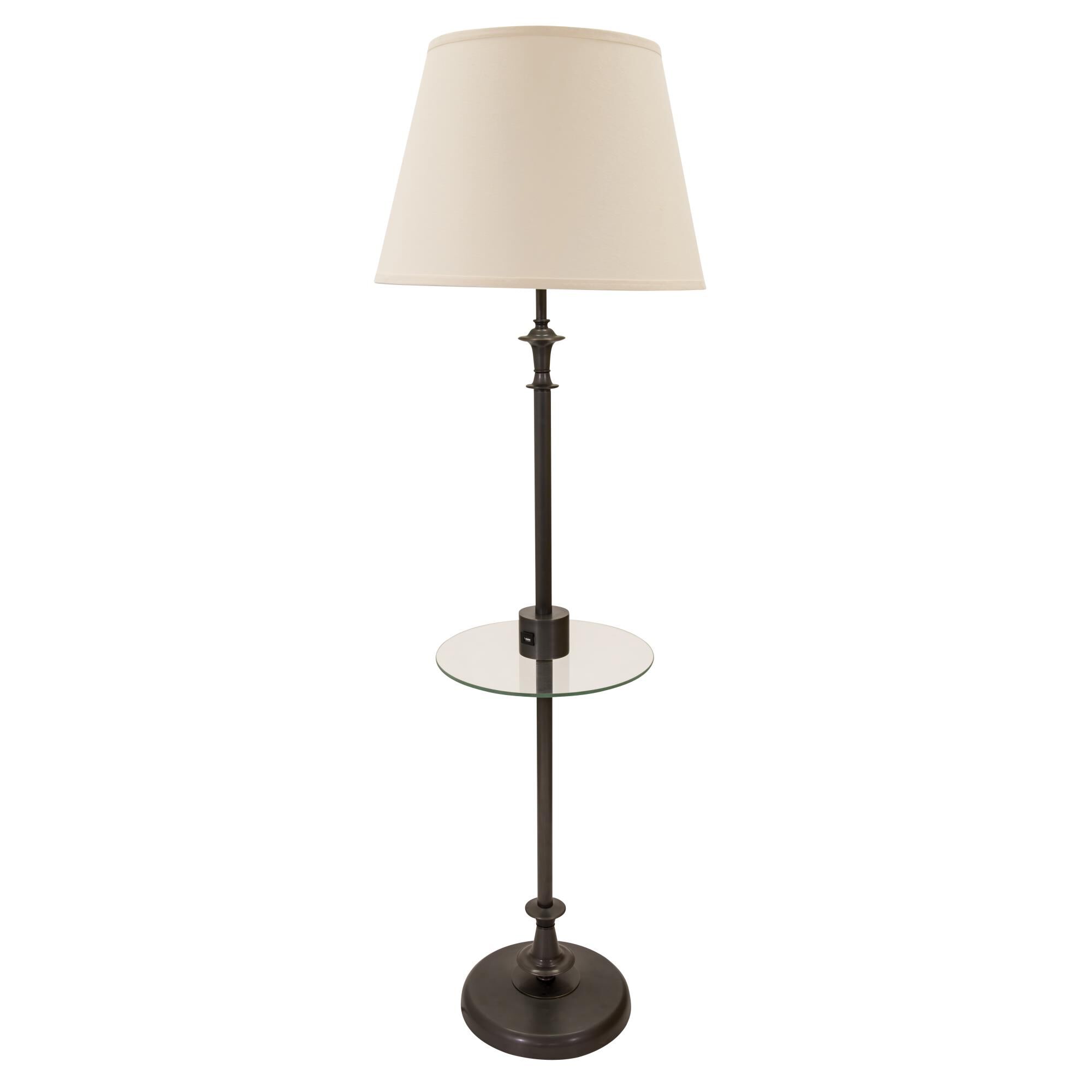 Shown in Oil Rubbed Bronze finish and Off White Linen Hardback shade