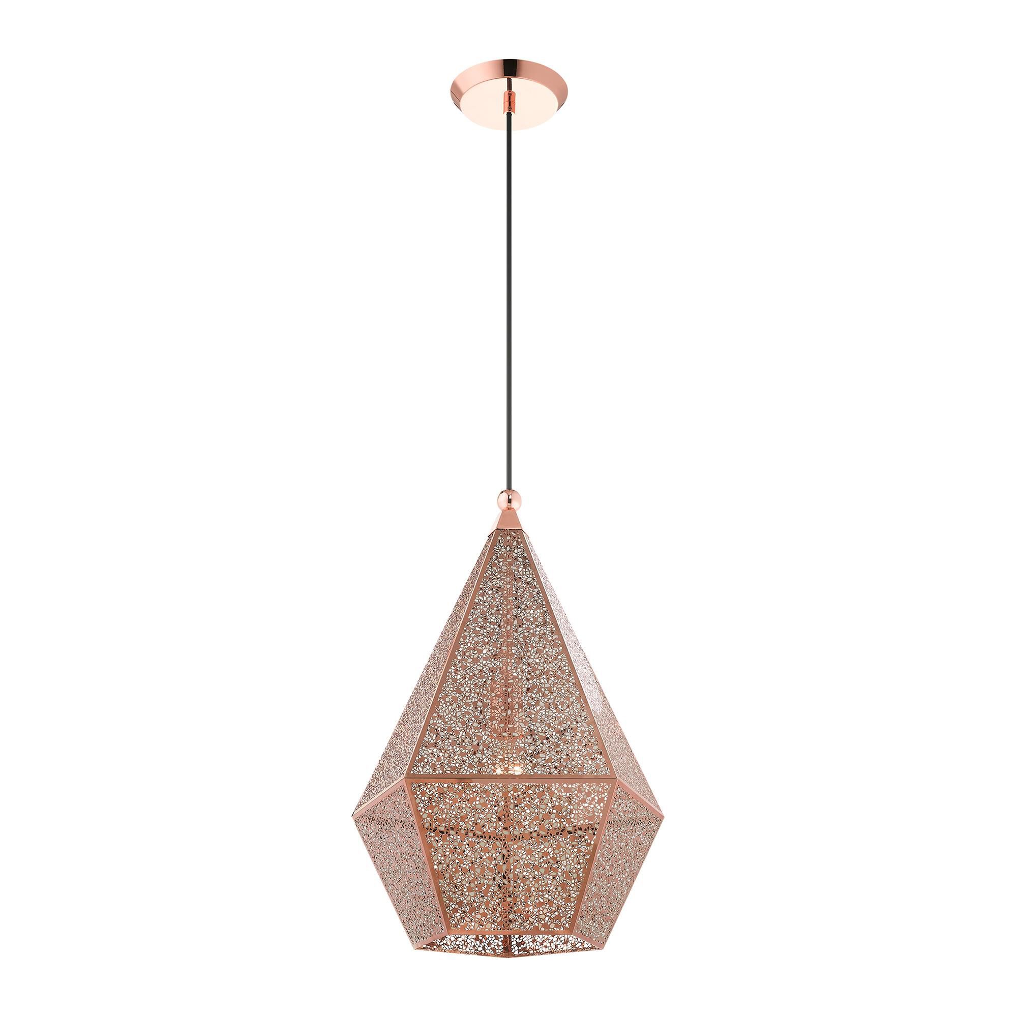 Shown in Rose Gold finish and Rose Gold Filigreed Metal Shade glass and Rose Gold Filigreed Metal shade