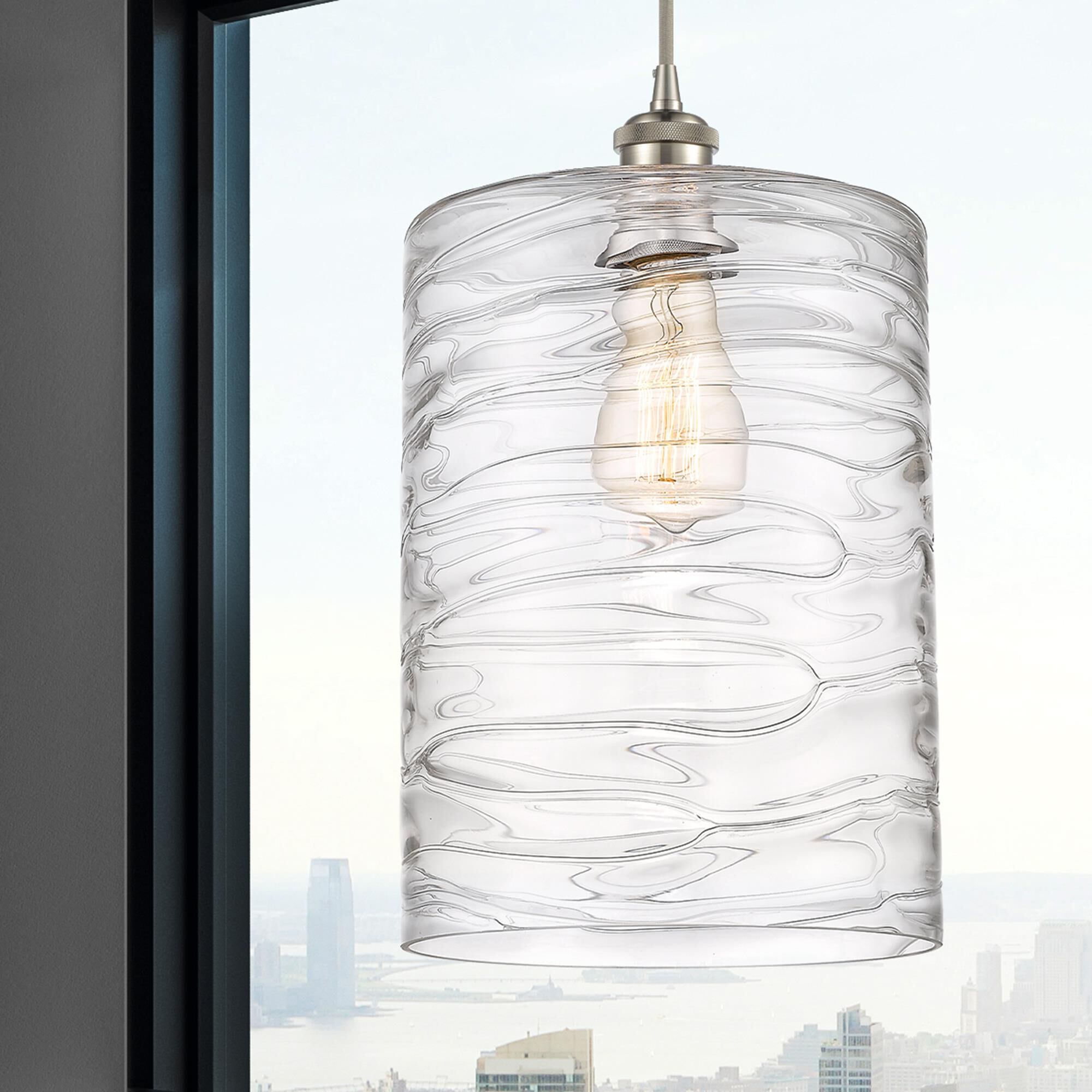 Shown in Brushed Satin Nickel finish and Deco Swirl glass and Cord Hung accent