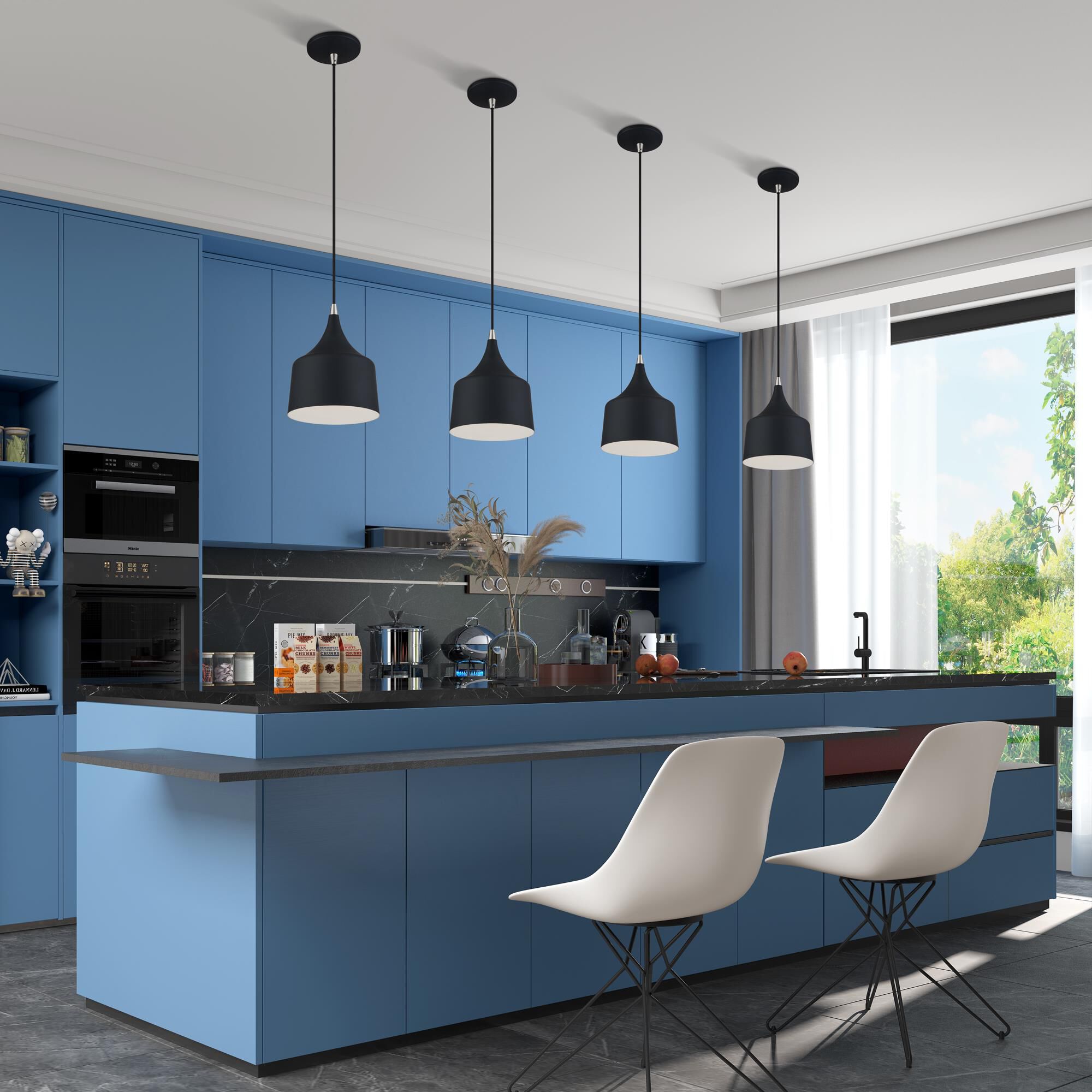 Shown in Black with Brushed Nickel Accents finish and Black Aluminum with Shiny White Inside shade