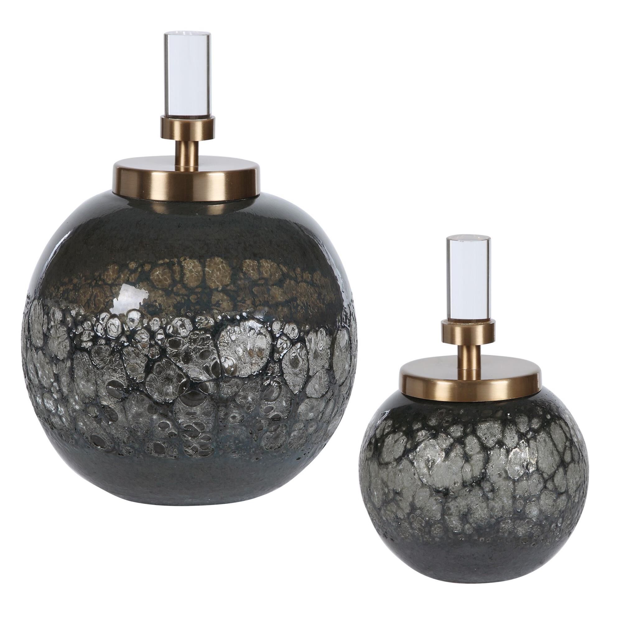 Shown in Set Of Two Art Glass Bottles Feature Organic Texture With An Iridescent Blue-Gray Hue. Each Bottle I finish