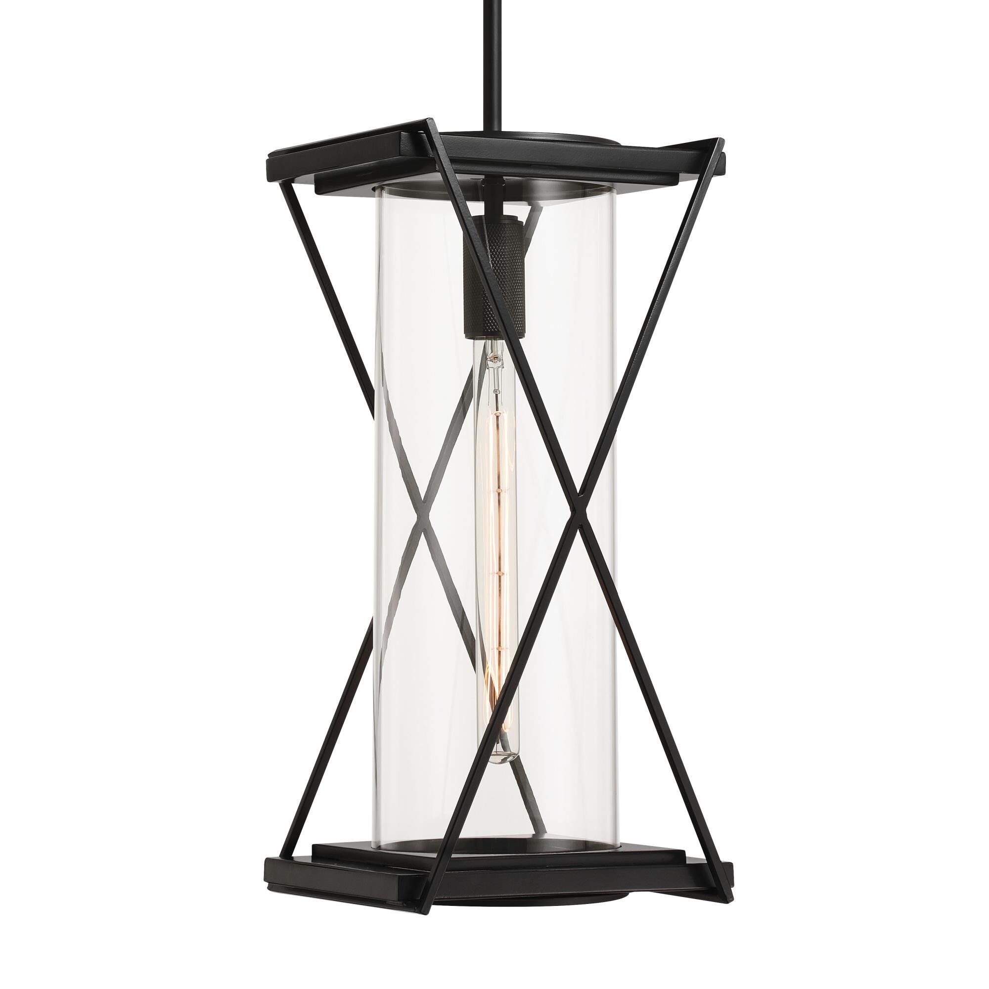 Shown in Dark Matte Black finish and Clear glass and Glass shade