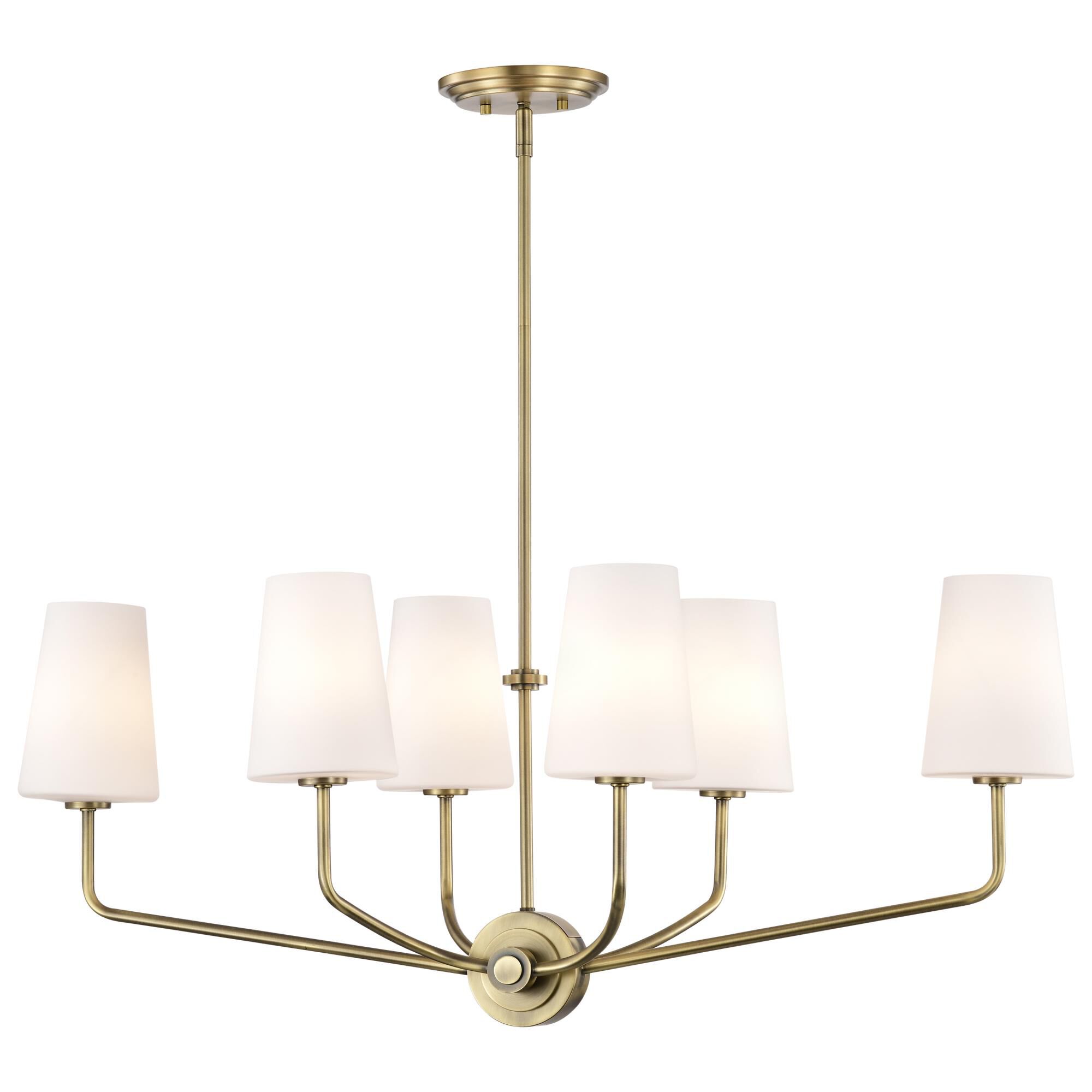 Shown in Vintage Brass finish and Etched White Opal glass and Etched Opal shade