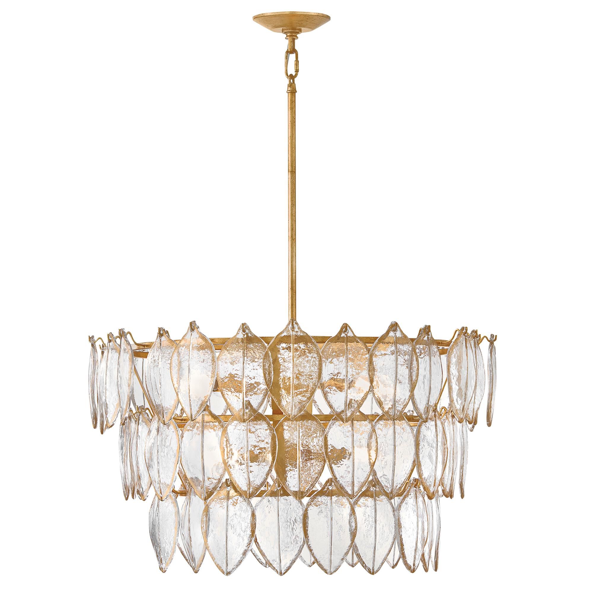 Shown in Distressed Brass finish and Clear Pressed glass