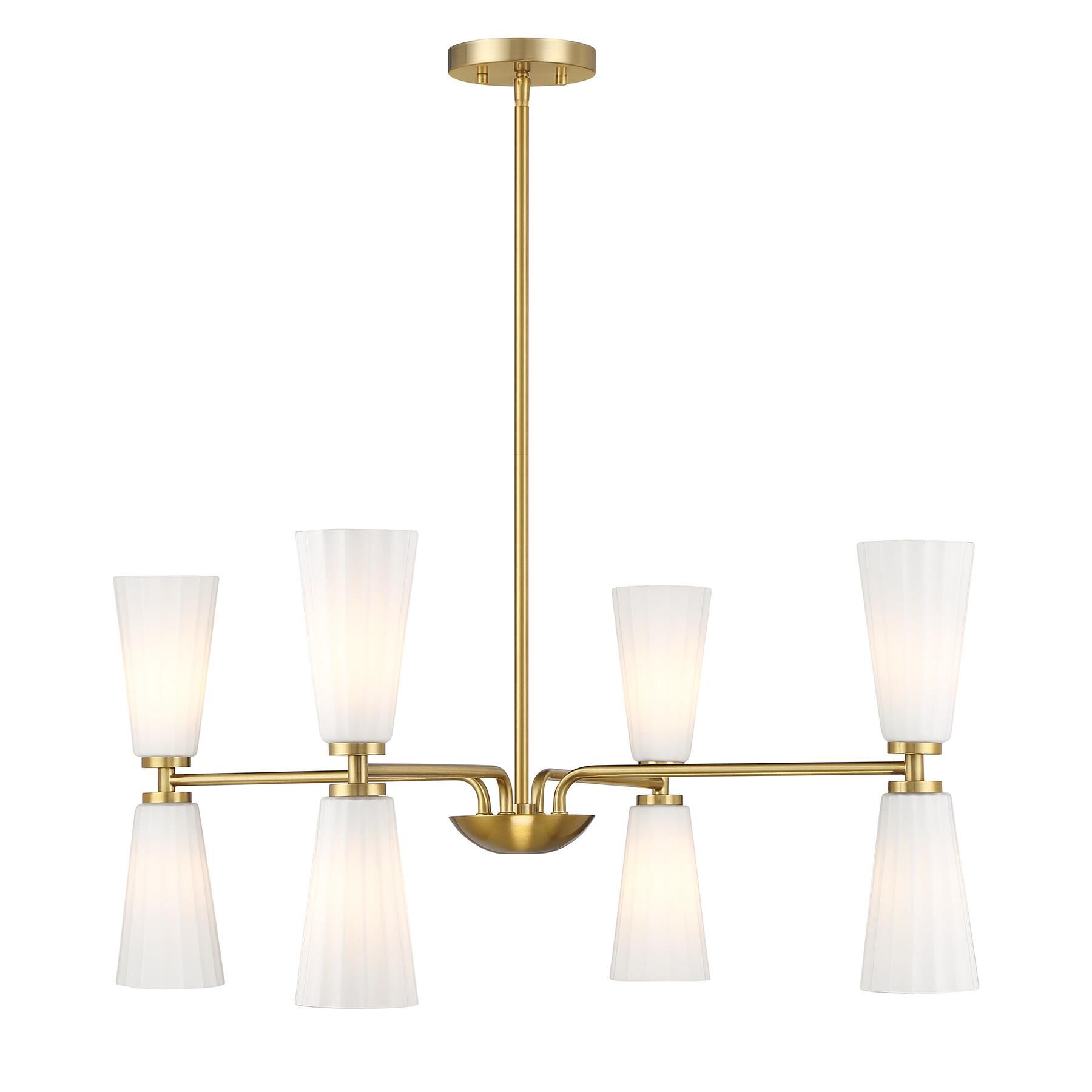 Shown in Natural Brass finish and White Fluted glass and Glass shade