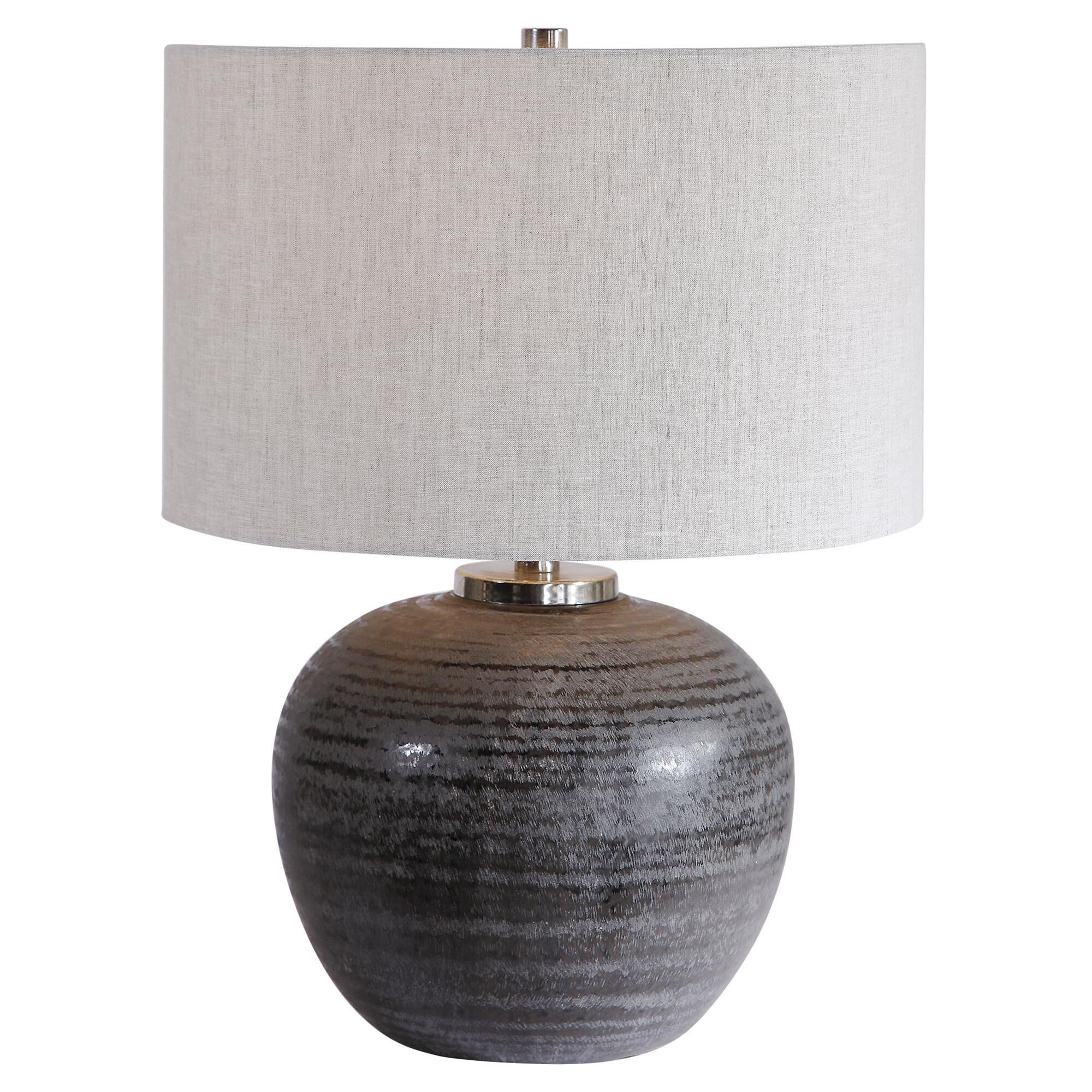 Shown in Finished In A Charcoal Glaze With Etched Texture, This Table Lamp Adds A Casual Yet Contemporary Fee finish and Round Drum Hardback shade