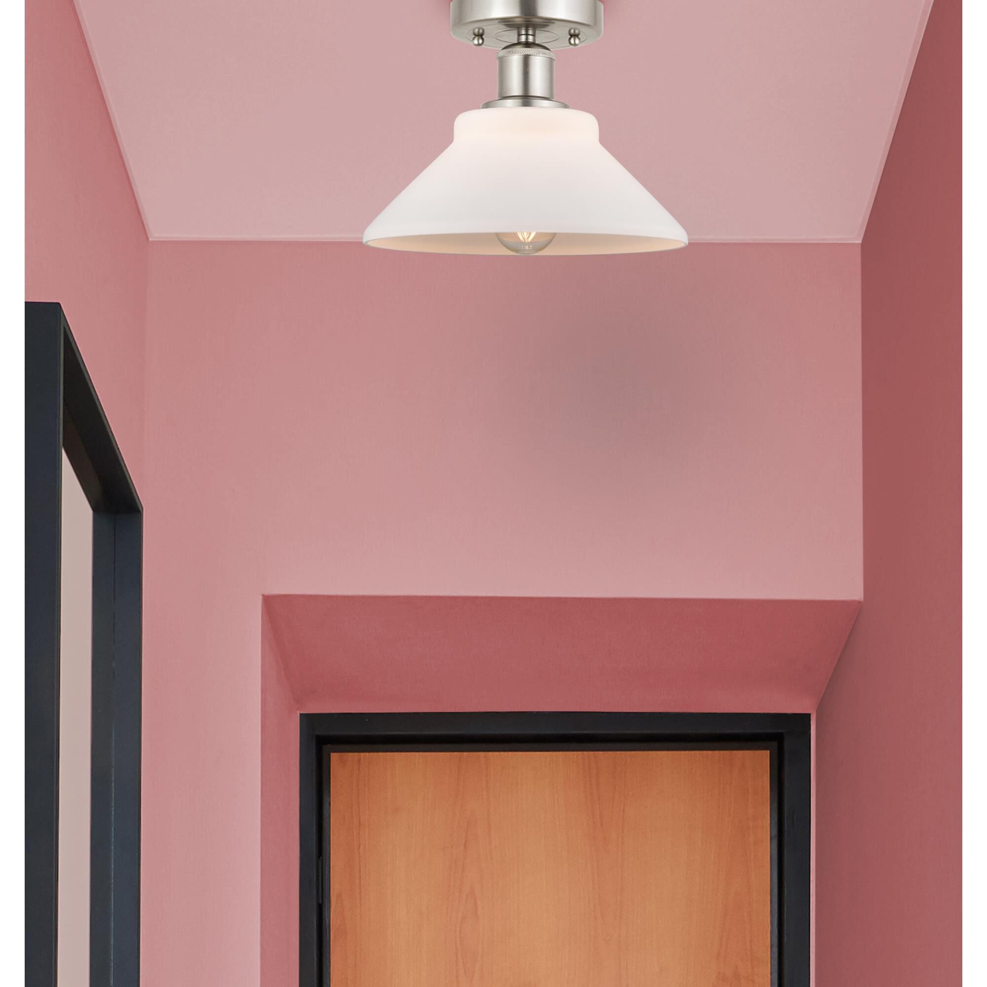 Shown in Brushed Satin Nickel  finish and Matte White glass