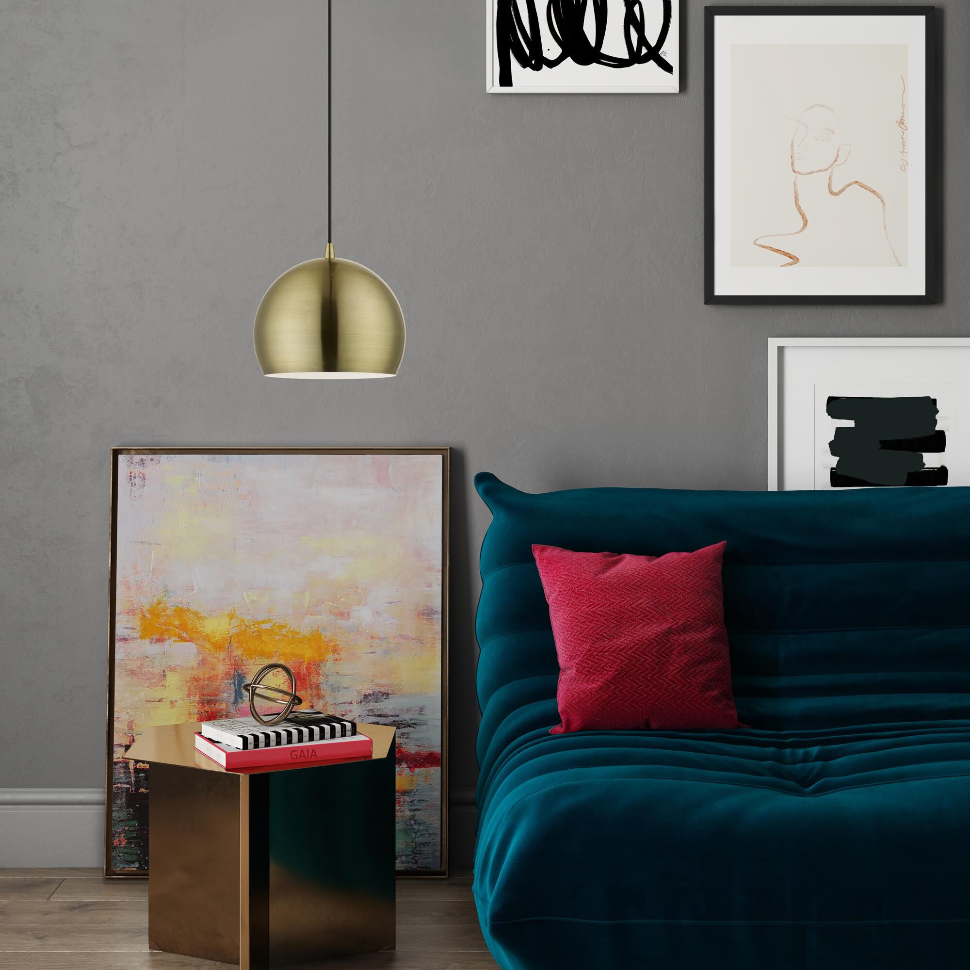 Shown in Antique Brass finish and Antique Brass Metal with White Inside shade