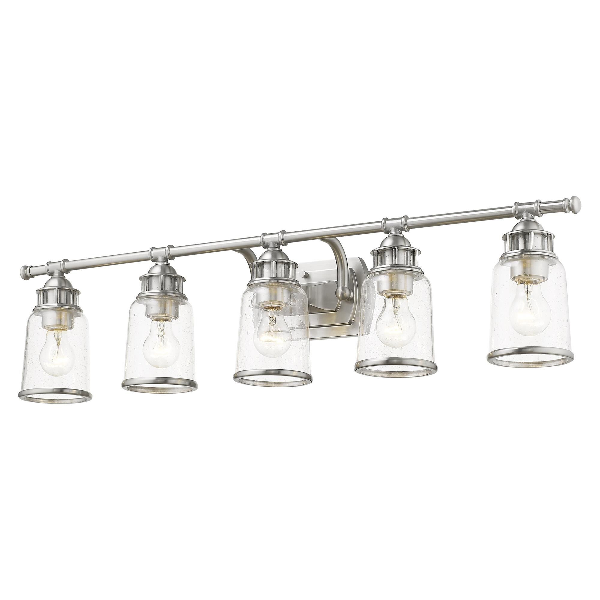 Shown in Brushed Nickel finish and Hand Blown Clear Seeded glass