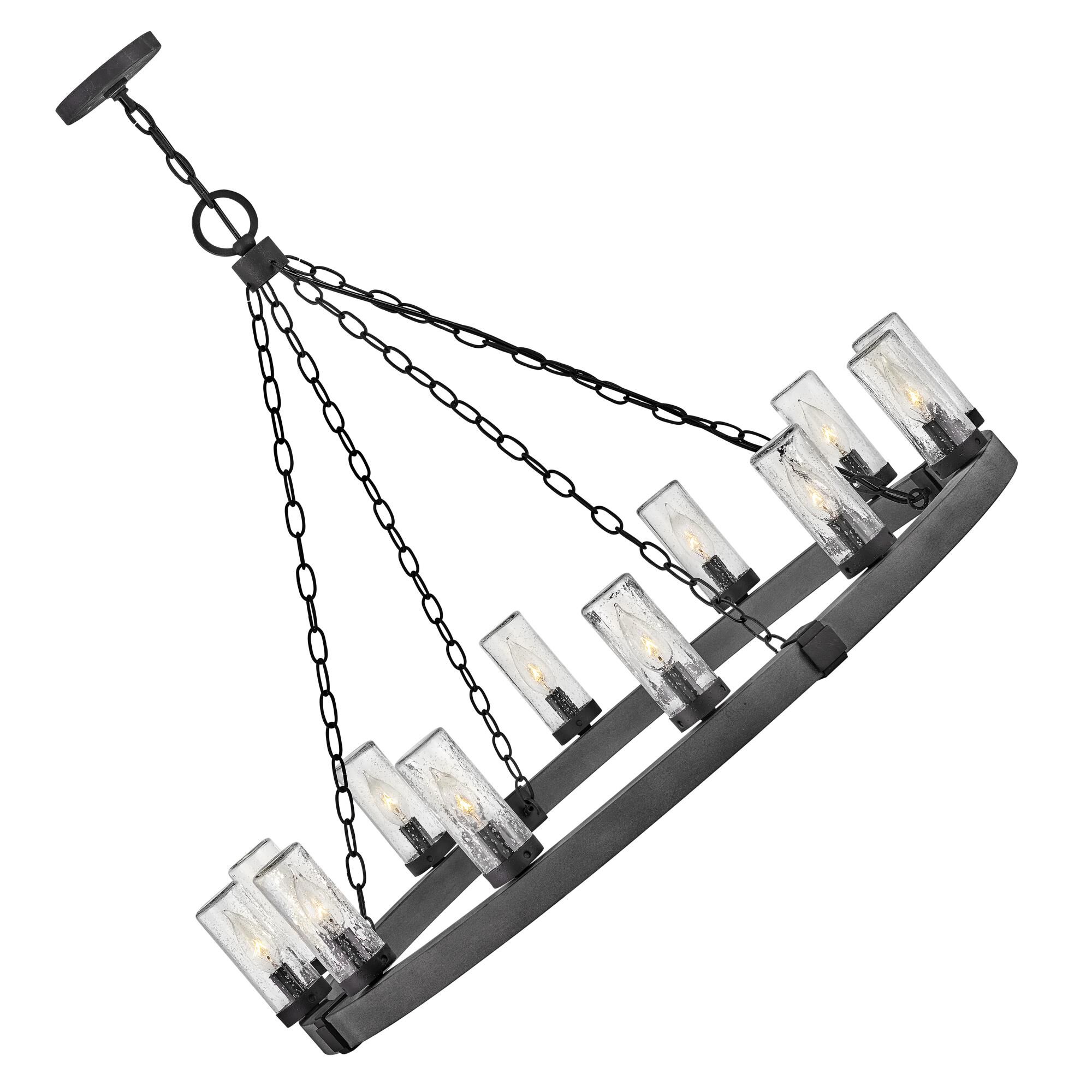 Shown in Aged Zinc finish and Clear Seedy glass and Distressed Black accent