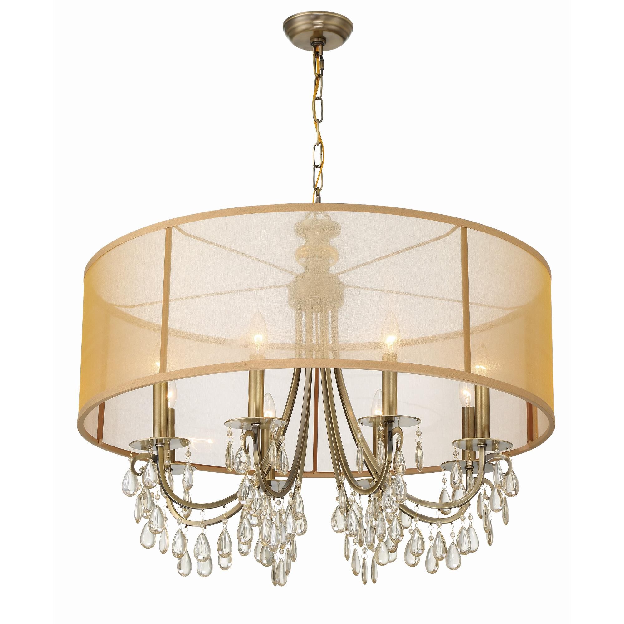 Shown in Antique Brass finish and Etruscan Teardrop Almond crystal and Silk glass and Translucent Gold shade
