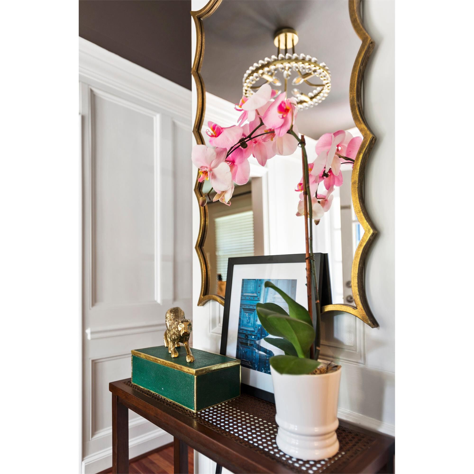 Shown in Aged Brass finish and Glass Ball crystal