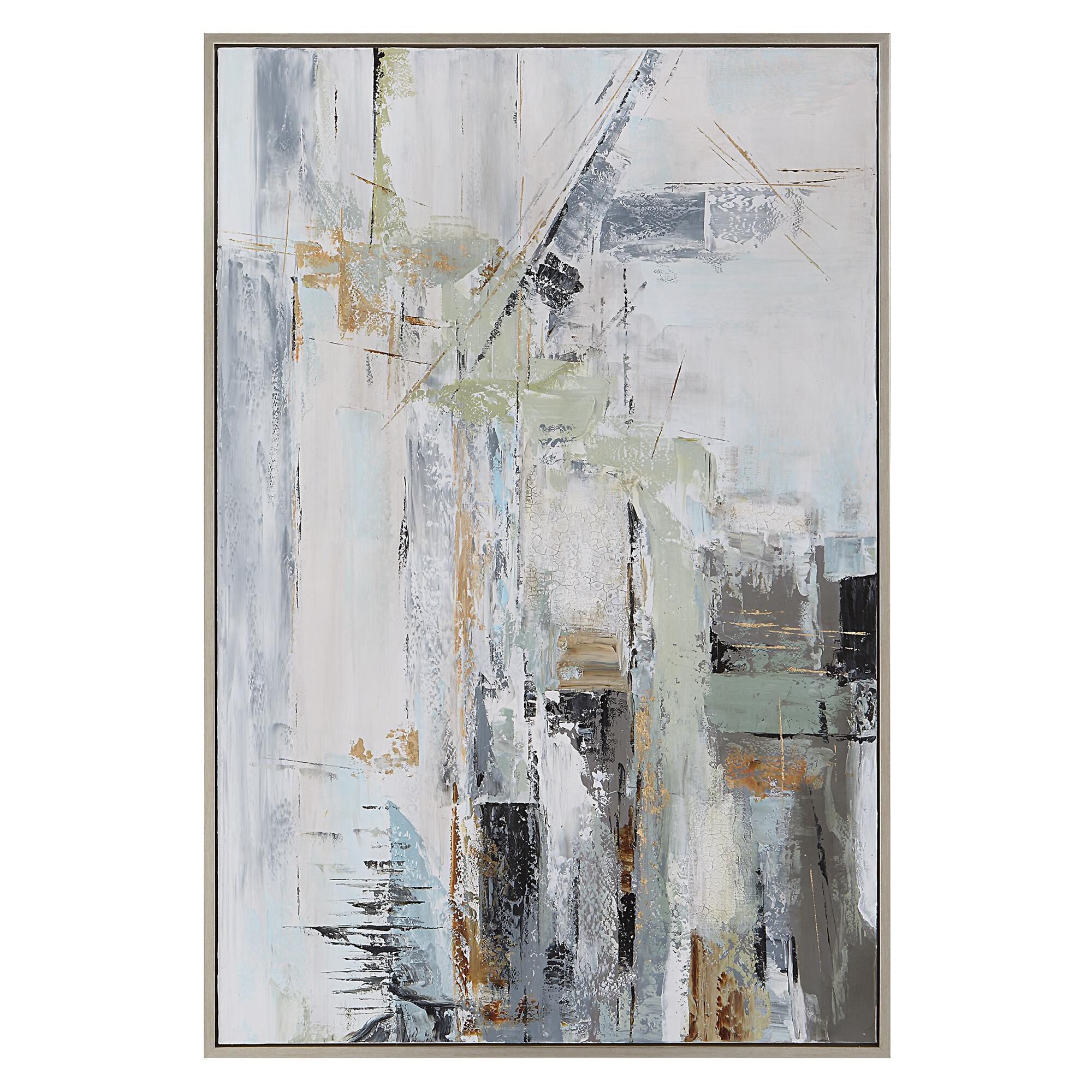 Shown in Hand Painting, Silver Gallery Frame, Blues, Greens, White, Gray, Black, Abstract, Modern finish