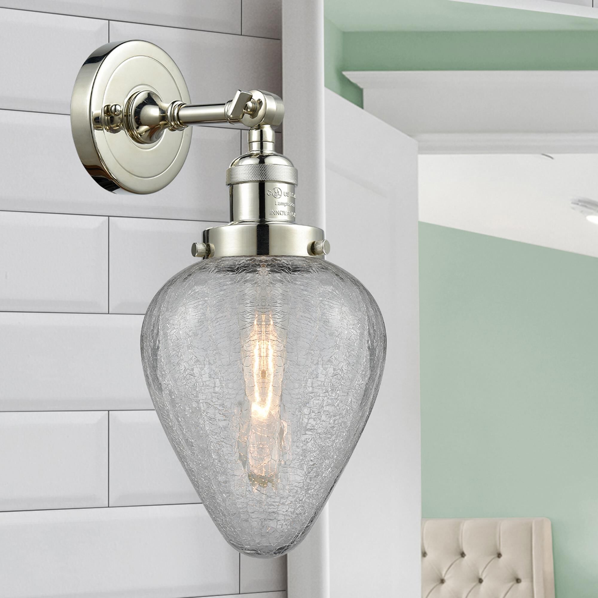 Shown in Polished Nickel finish and Clear Crackle glass