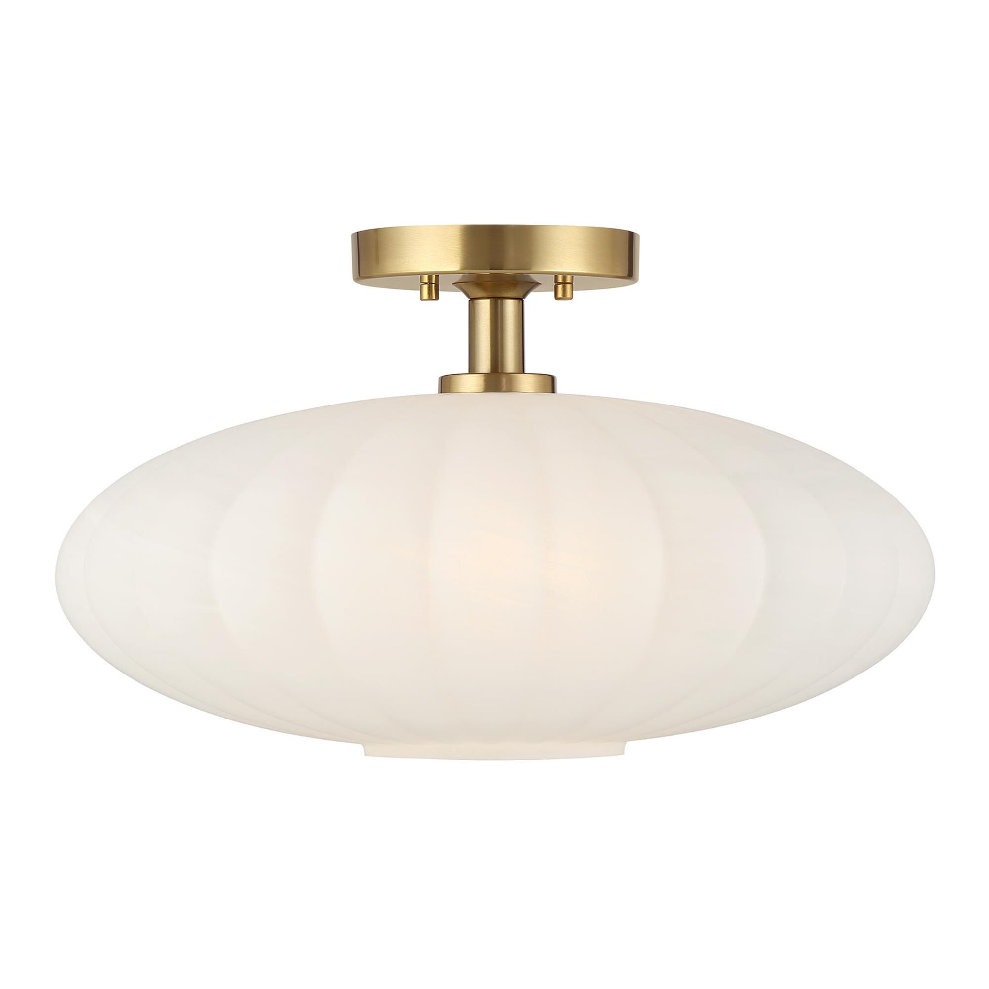 Shown in Natural Brass finish and White Strie glass and Glass shade
