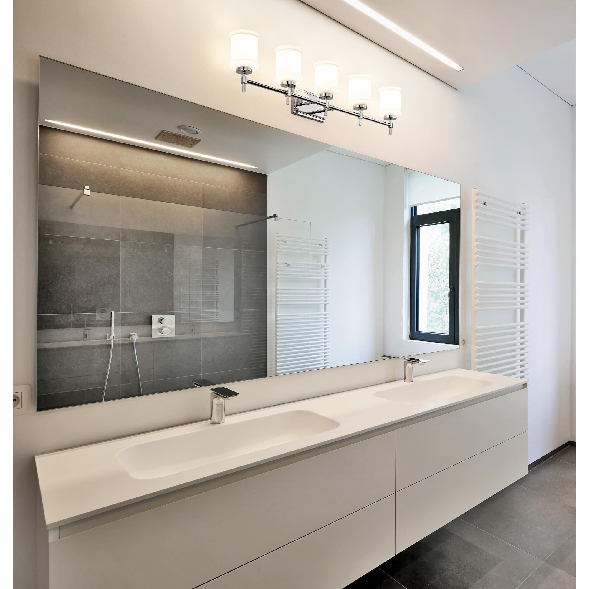 Shown in Chrome finish and Gloss Opal glass and Gloss Opal shade