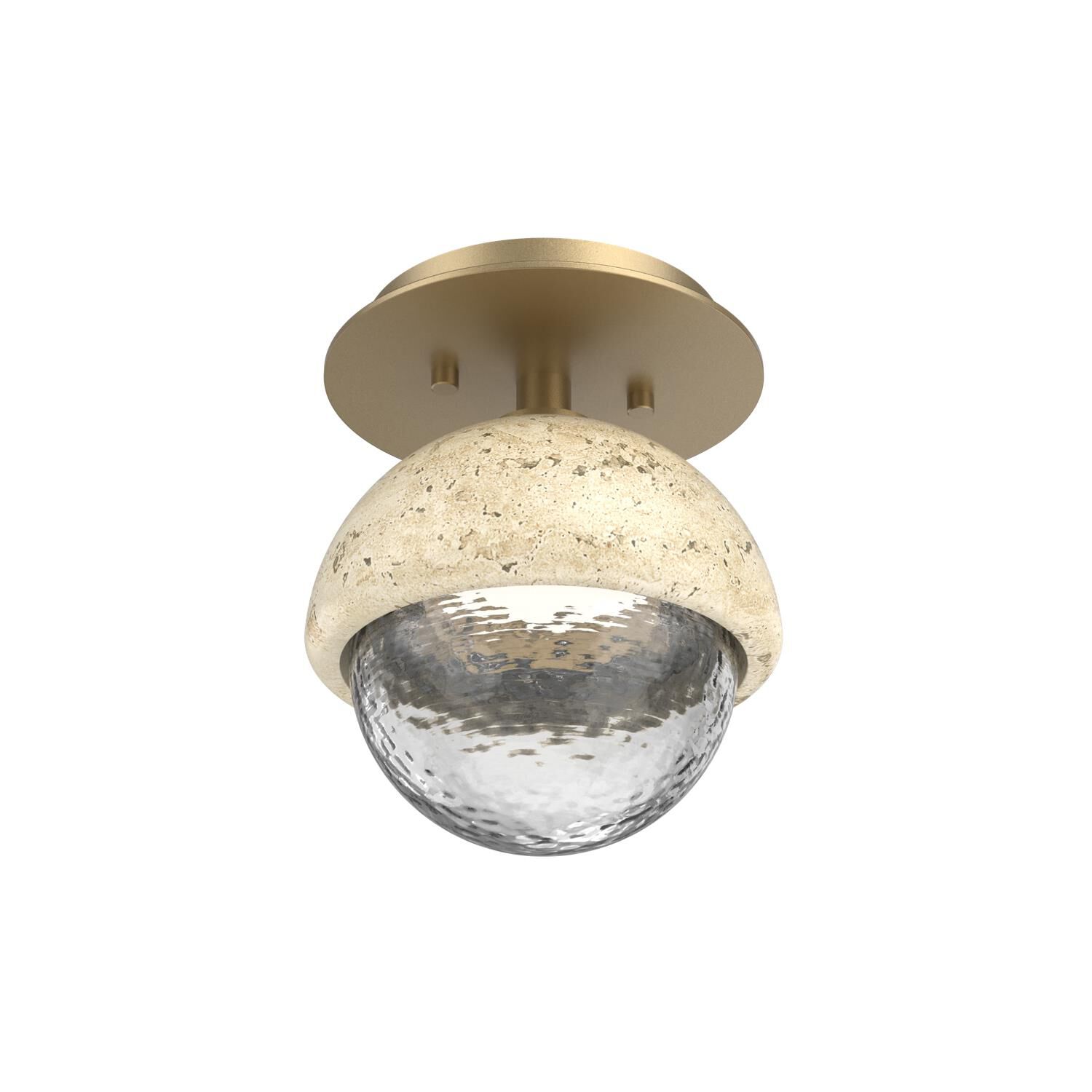 Shown in Gilded Brass finish and Clear glass and Travertine Stone accent