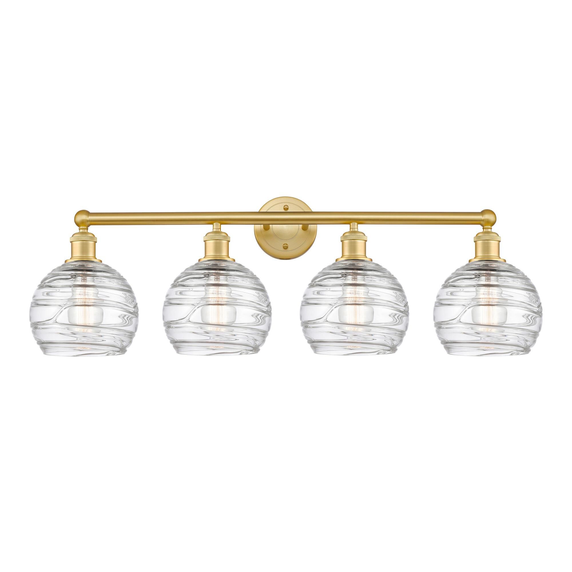 Shown in Satin Gold finish and Clear Deco Swirl glass