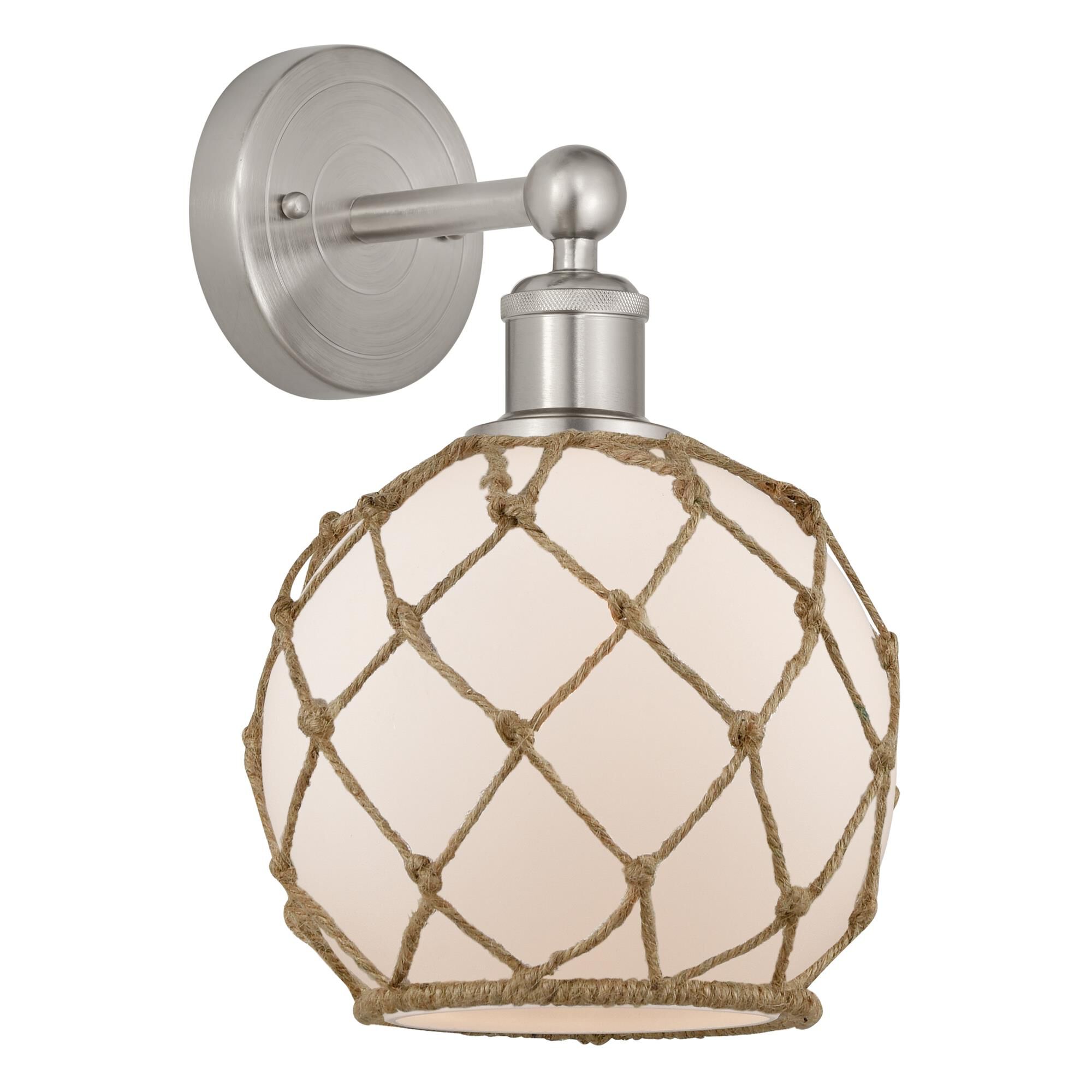 Shown in Brushed Satin Nickel finish and White with Brown Rope glass