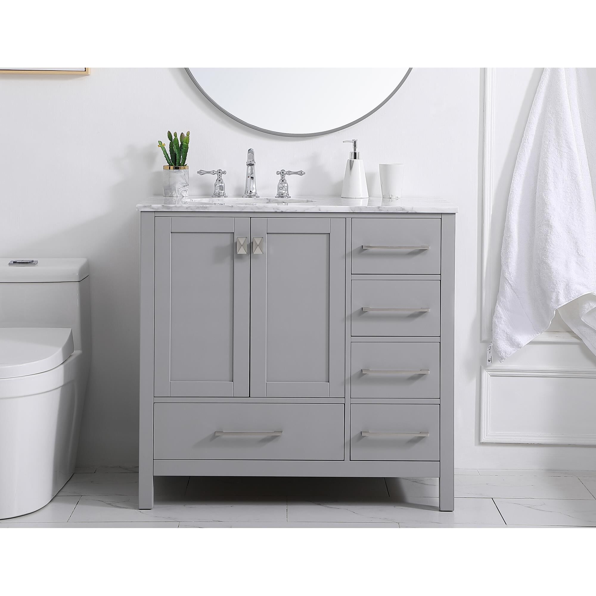 Shown in Gray And Brushed Nickel With Carrara White Marble finish