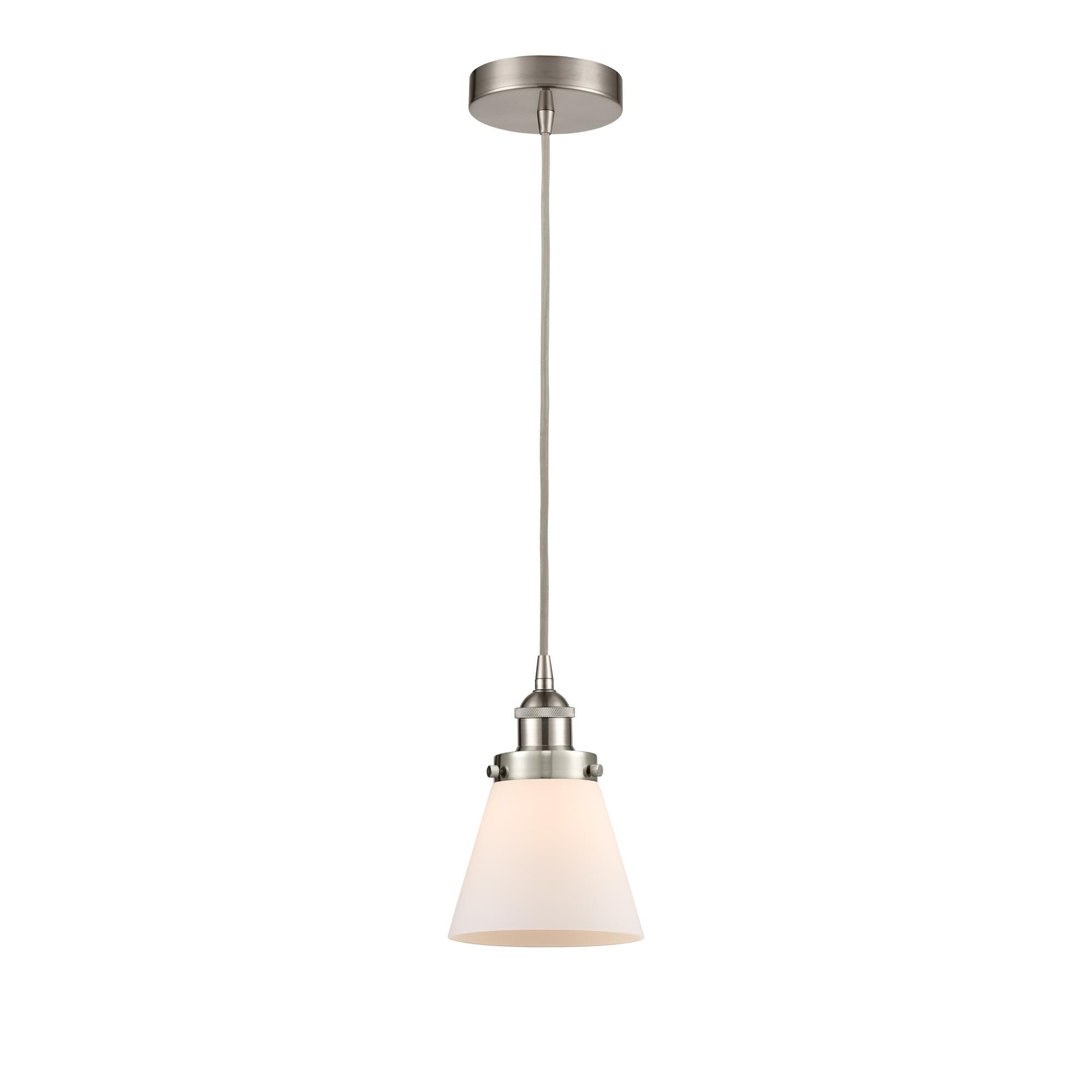 Shown in Brushed Satin Nickel finish and Matte White Cased Small Cone glass