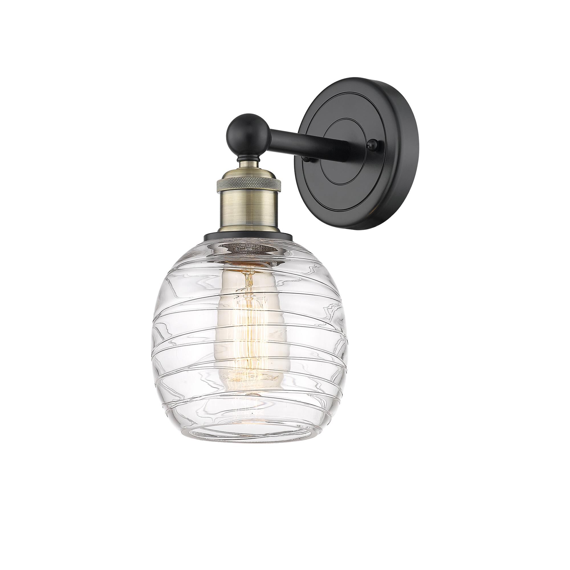 Shown in Black Antique Brass finish and Deco Swirl glass