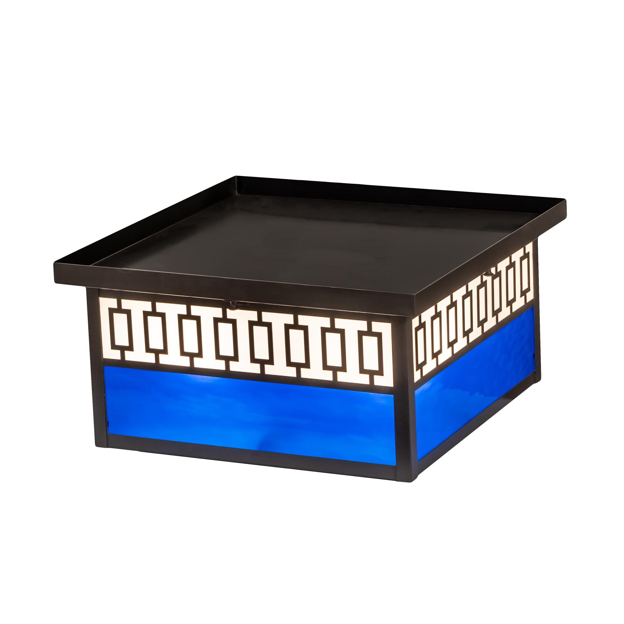 Shown in Craftsman Brown Finish finish and Blue;White glass