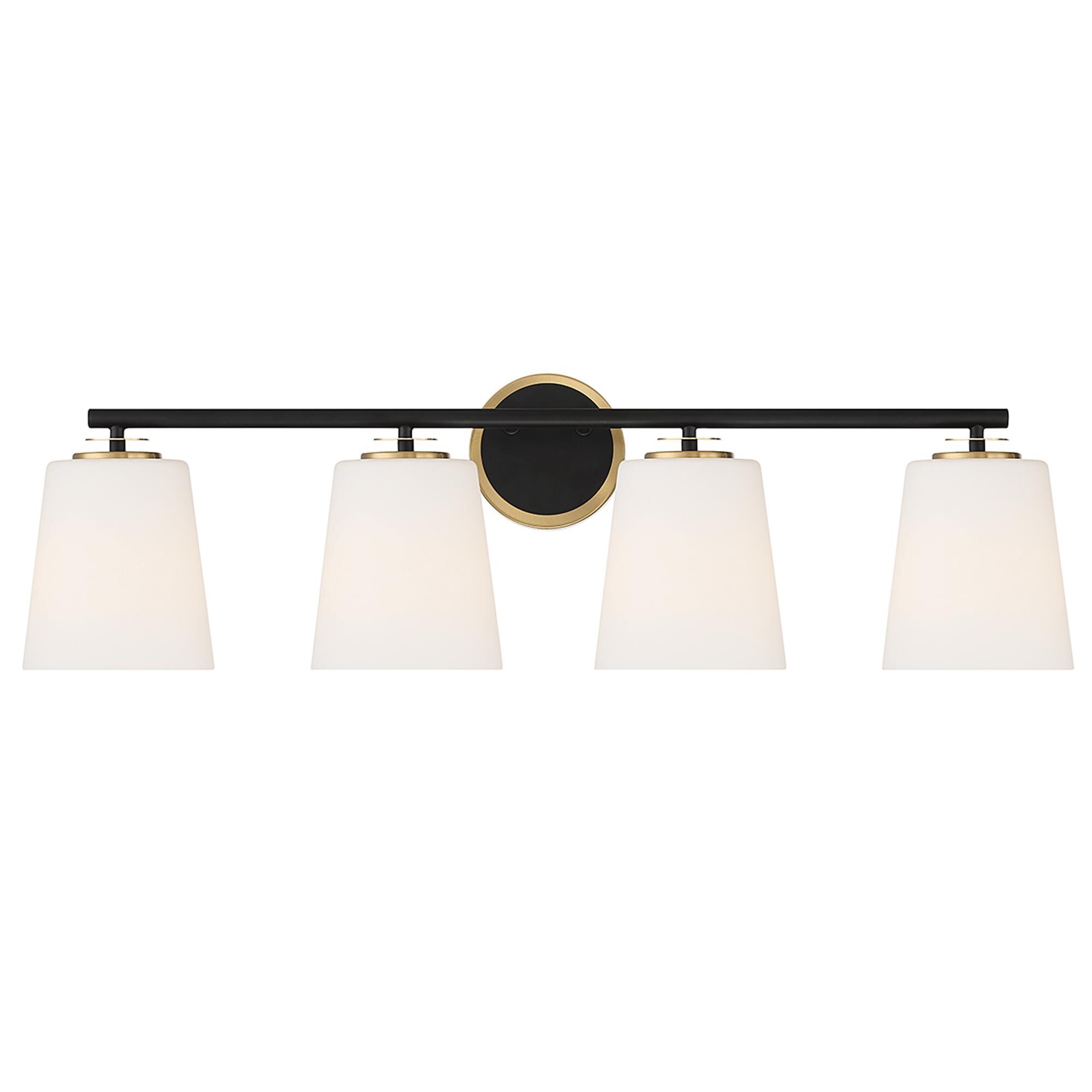 Shown in Matte Black and Natural Brass finish and White Opal glass