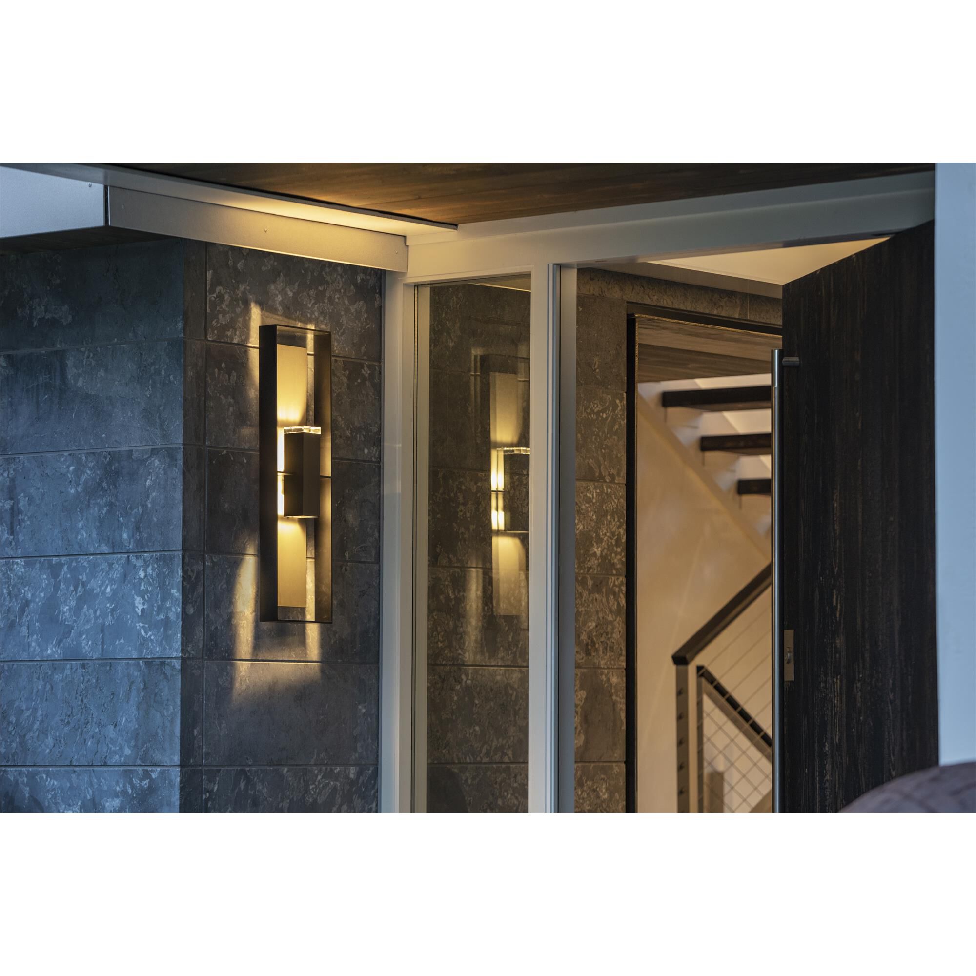 Shown in Coastal Black finish and Clear glass and Coastal Burnished Steel accent