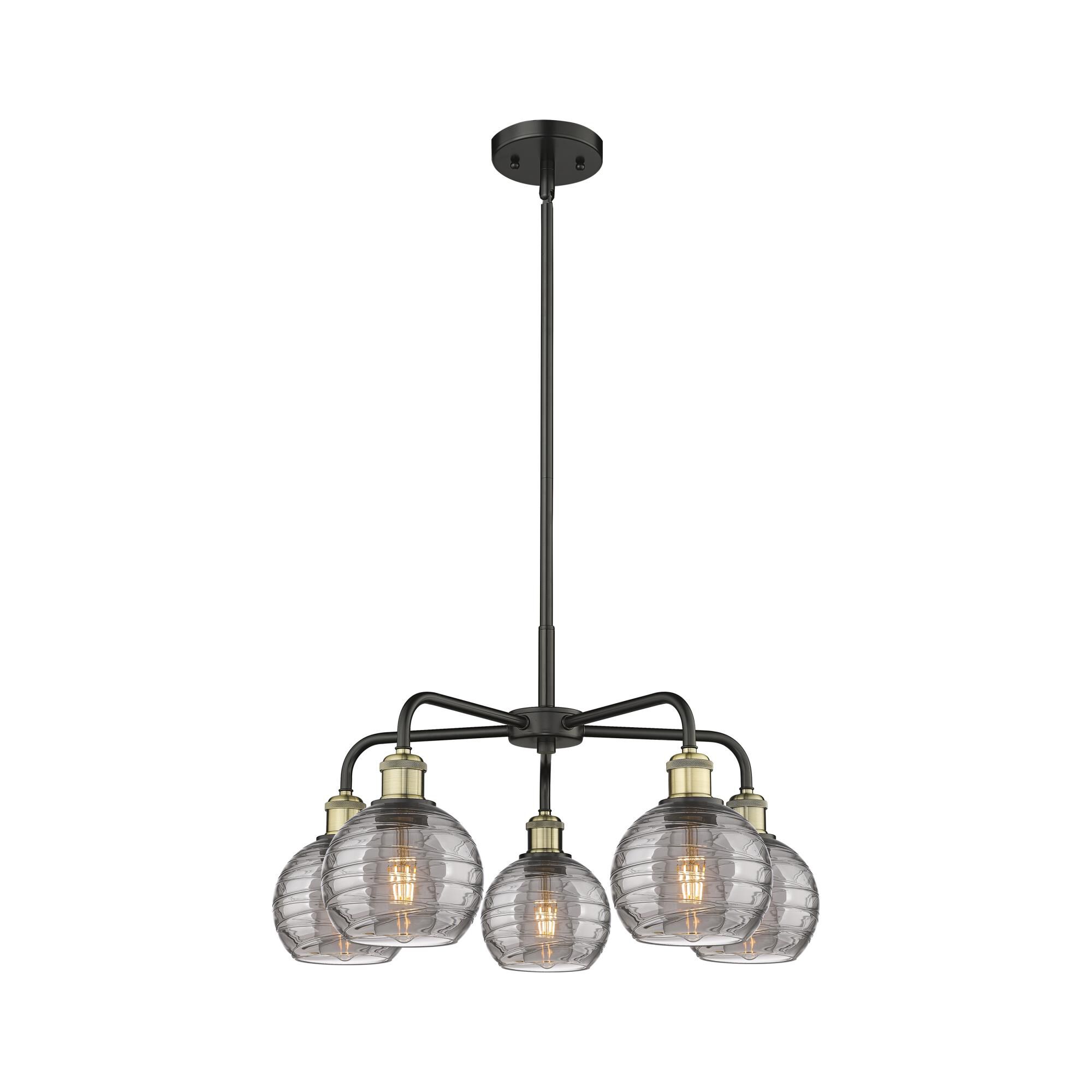 Shown in Black Antique Brass finish and Light Smoke Deco Swirl glass