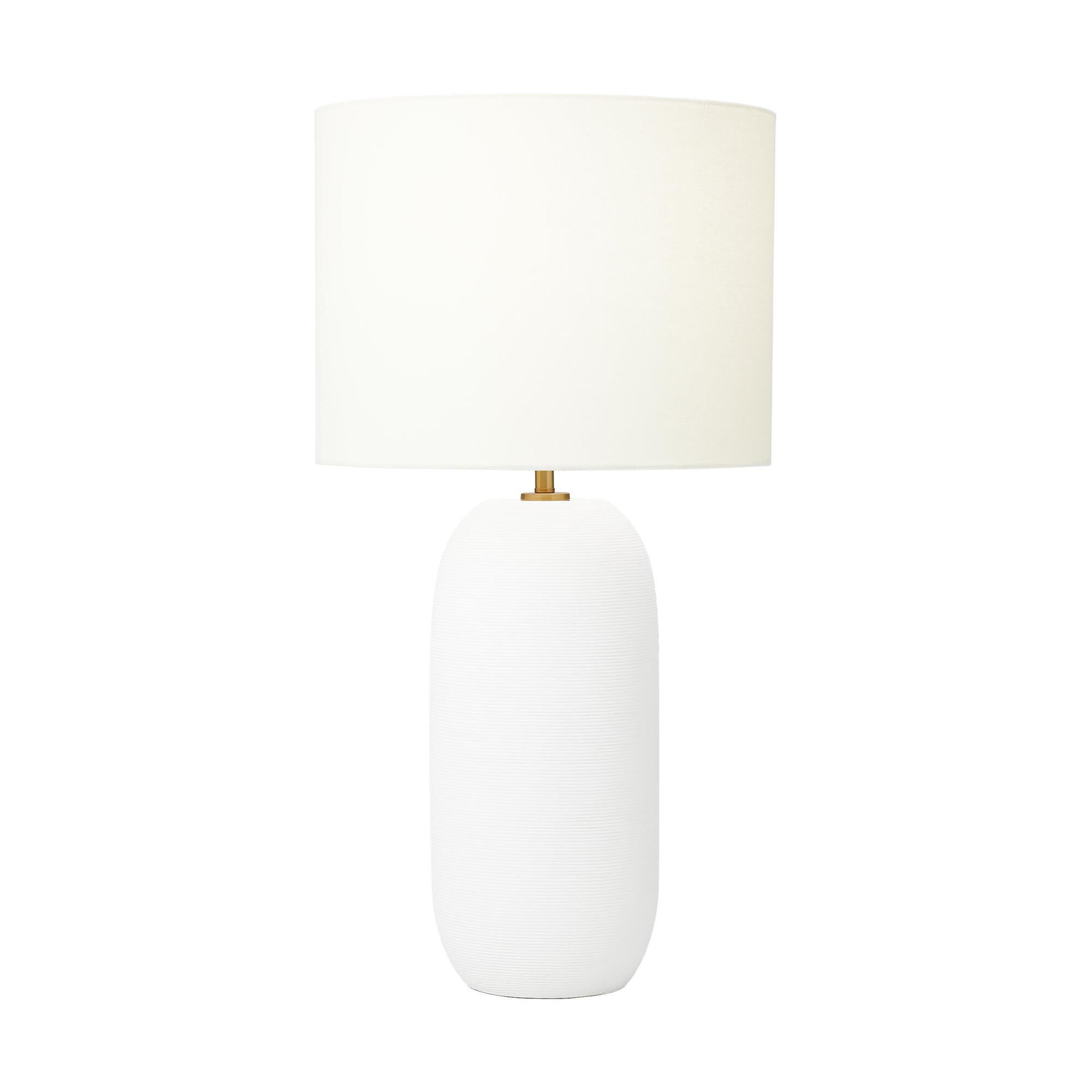 Shown in Matte White Ceramic finish and White Linen Fabric shade