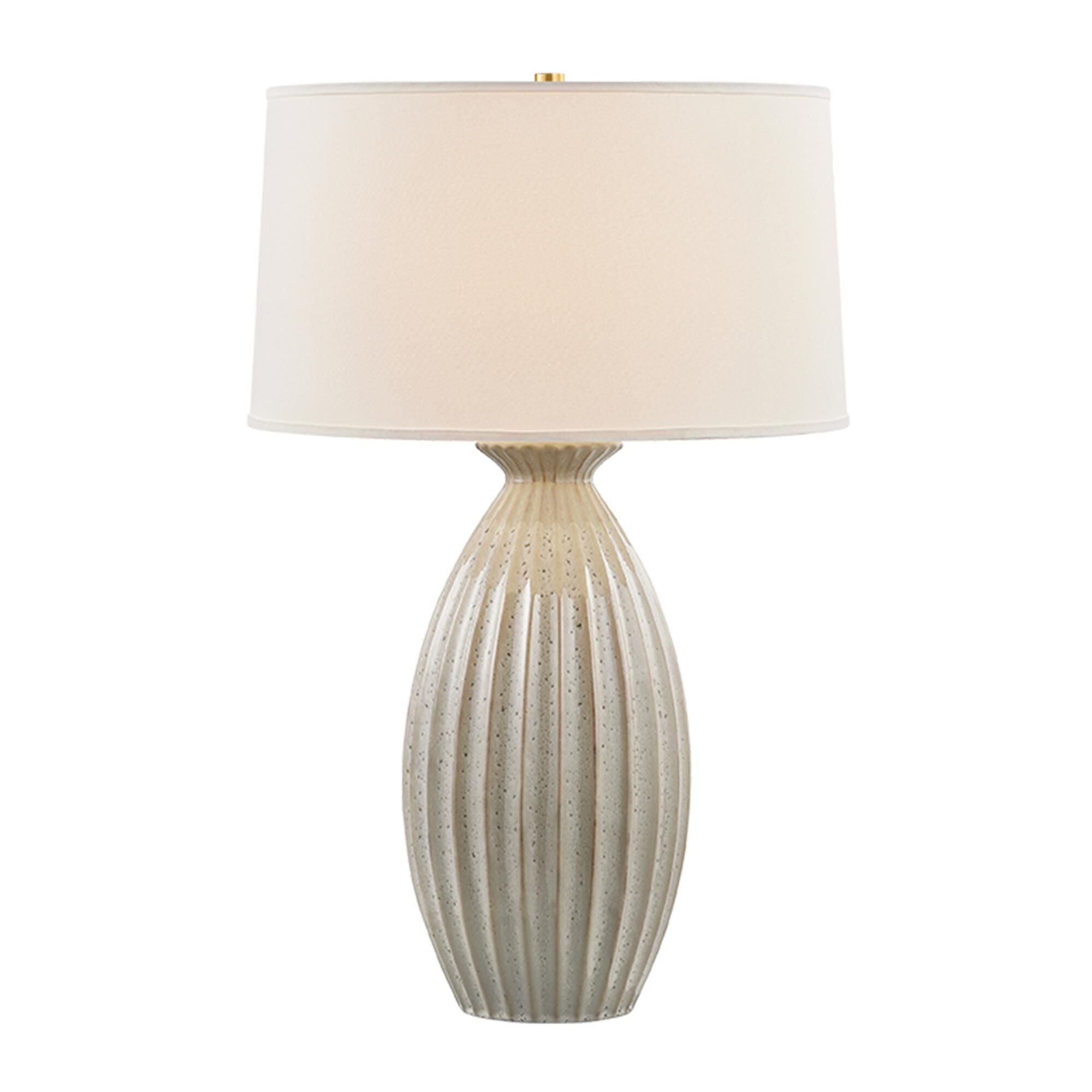Shown in Aged Brass and Ceramic Taupe Velvet finish and White Linen shade