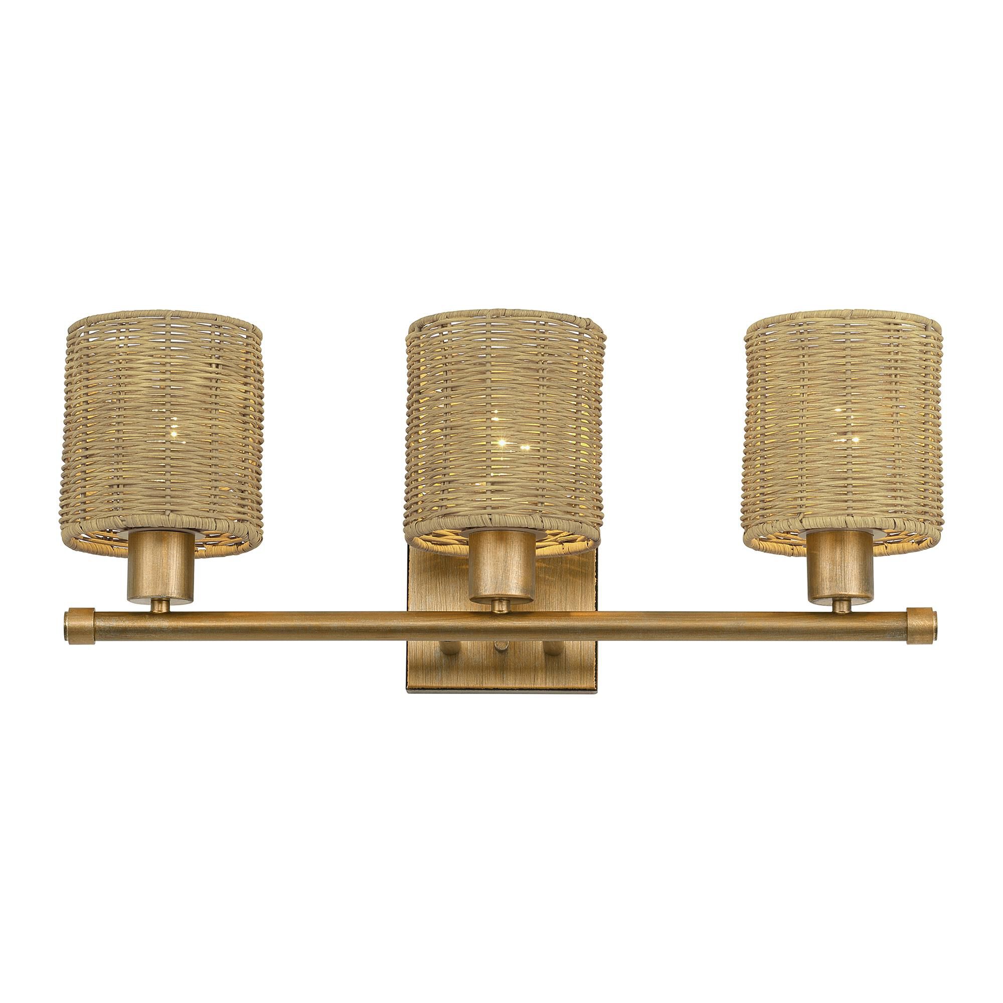 Shown in Antique Gold Leaf finish and Hand-Woven Rustic Walnut Color Rattan shade