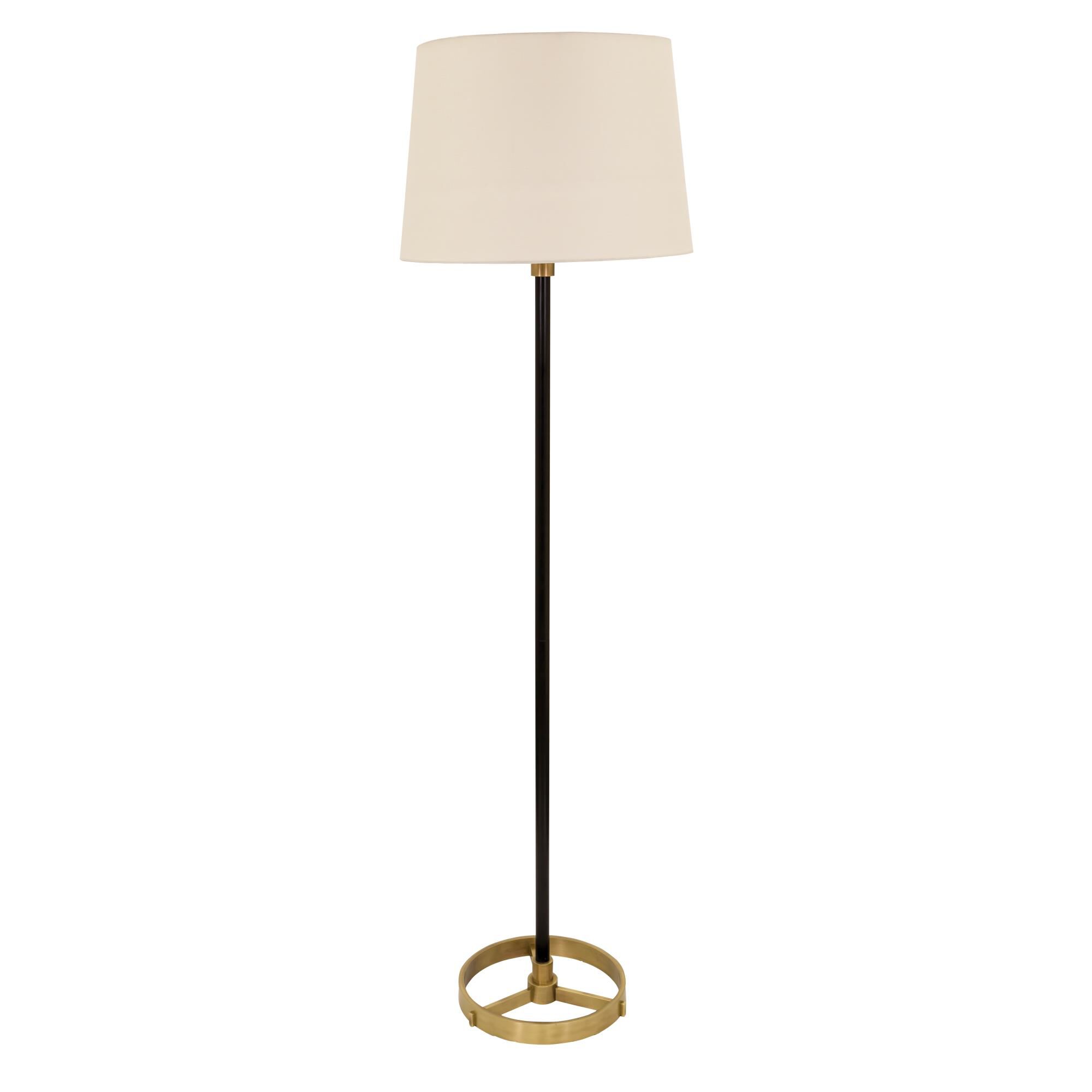 Shown in Black With Antique Brass finish and Off White Linen Hardback shade