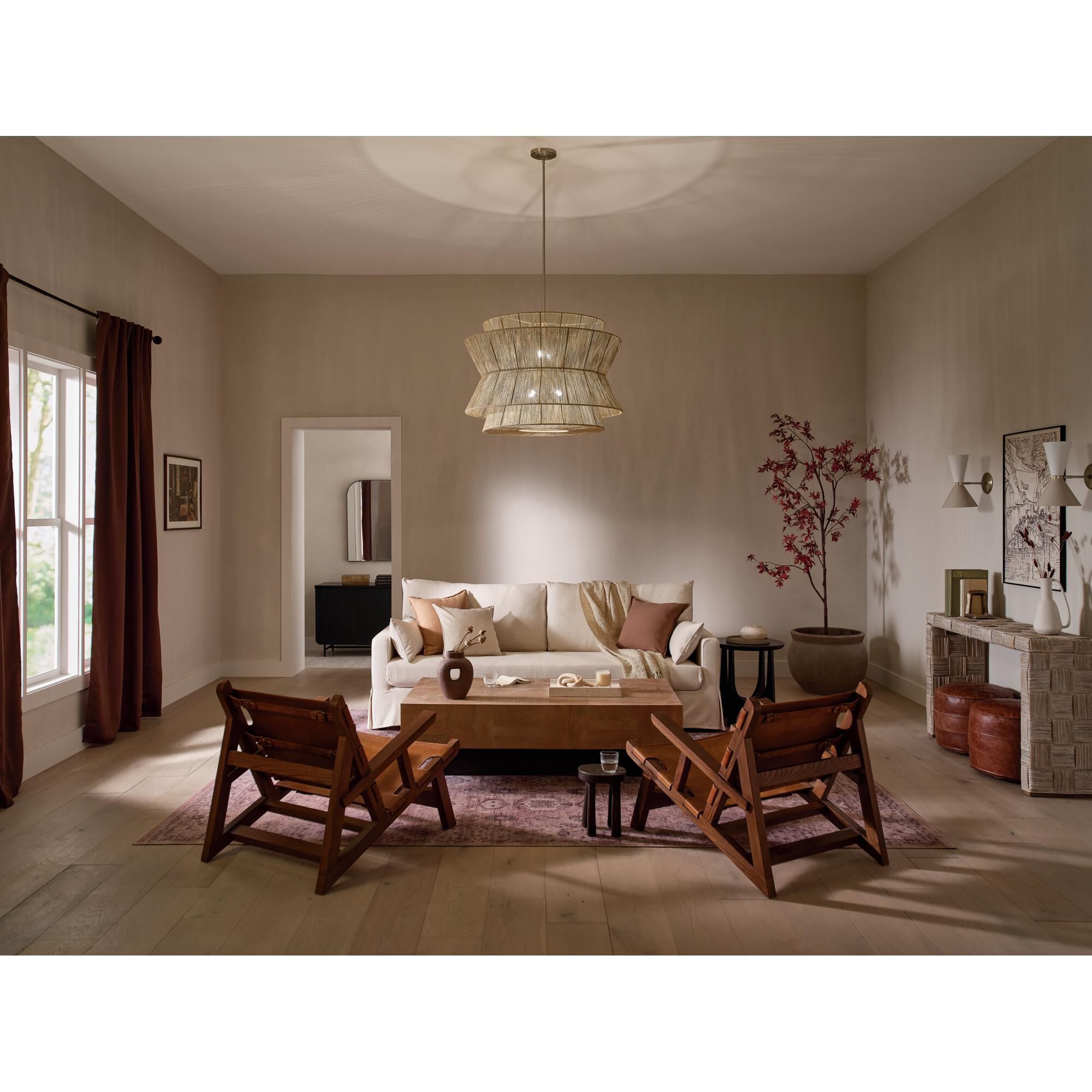 Shown in Champagne Bronze finish and Natural Fibers Textured shade