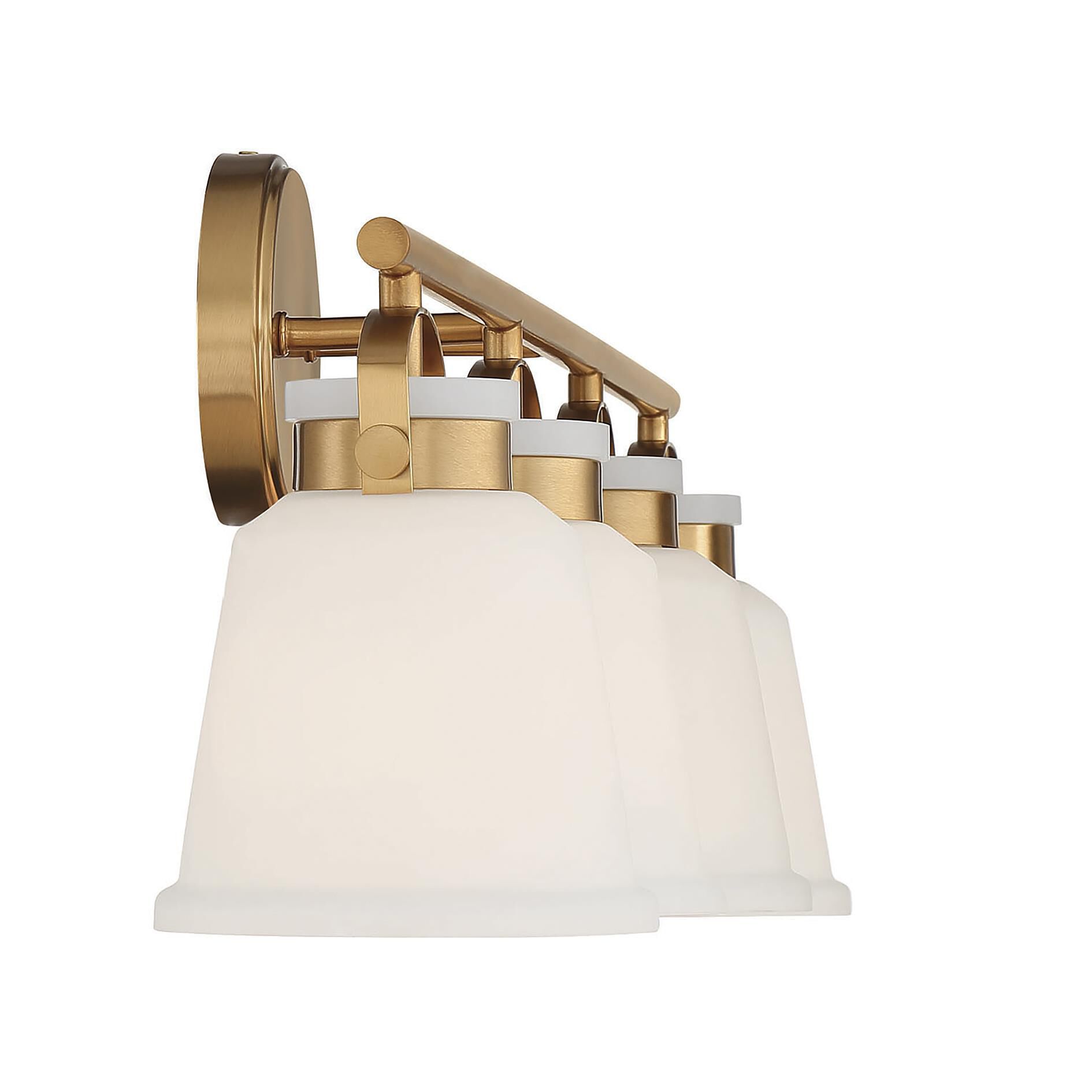 Shown in Warm Brass finish and White Opal glass and Glass shade