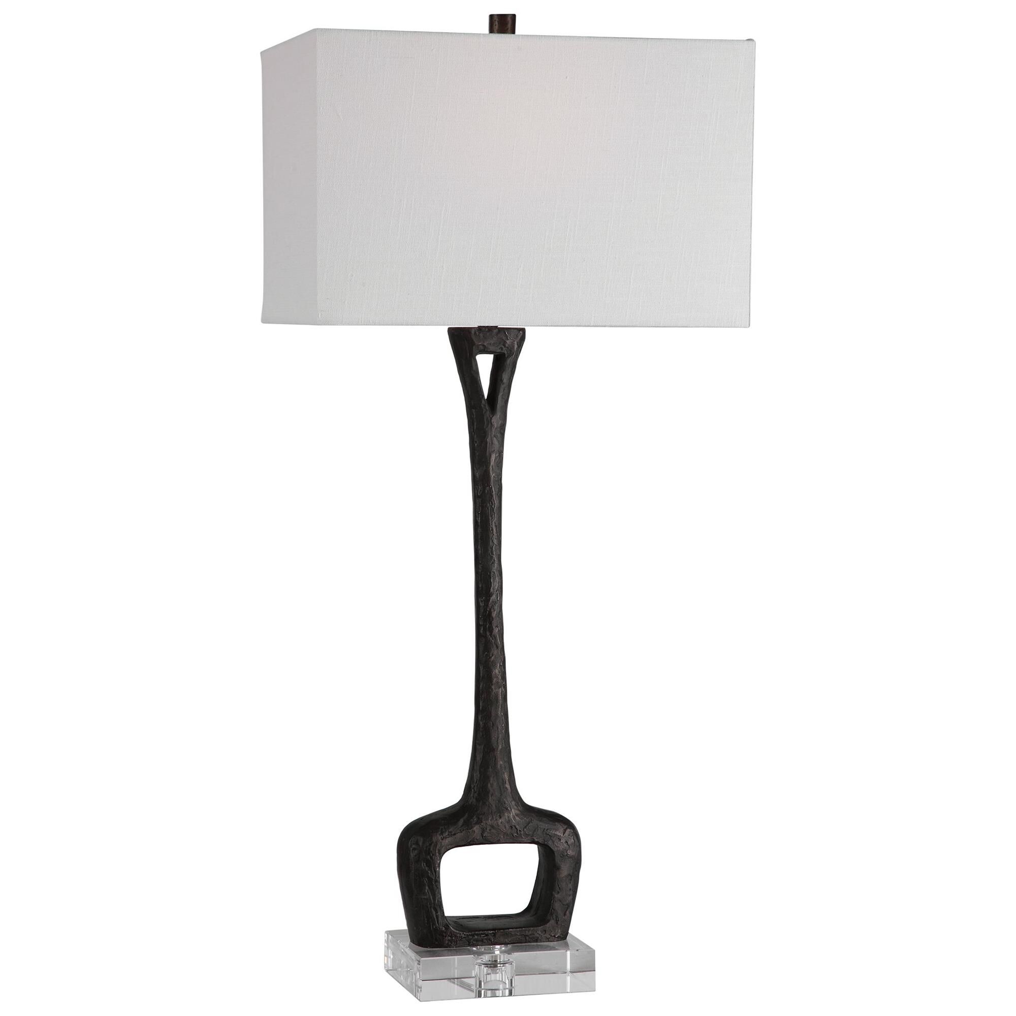 Shown in This Cast Iron Table Lamp Is Finished In A Masculine Aged Black With A Heavy Organic Texture Display finish and Rectangle Hardback shade