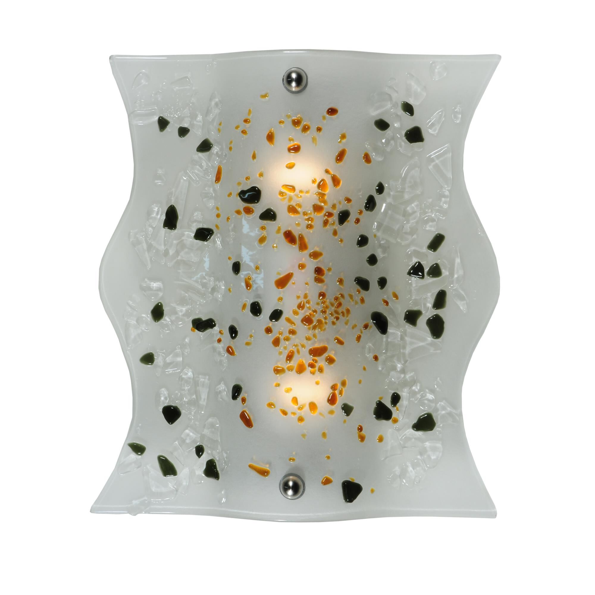 Shown with Amber-Green-White-Silver-Seedy glass