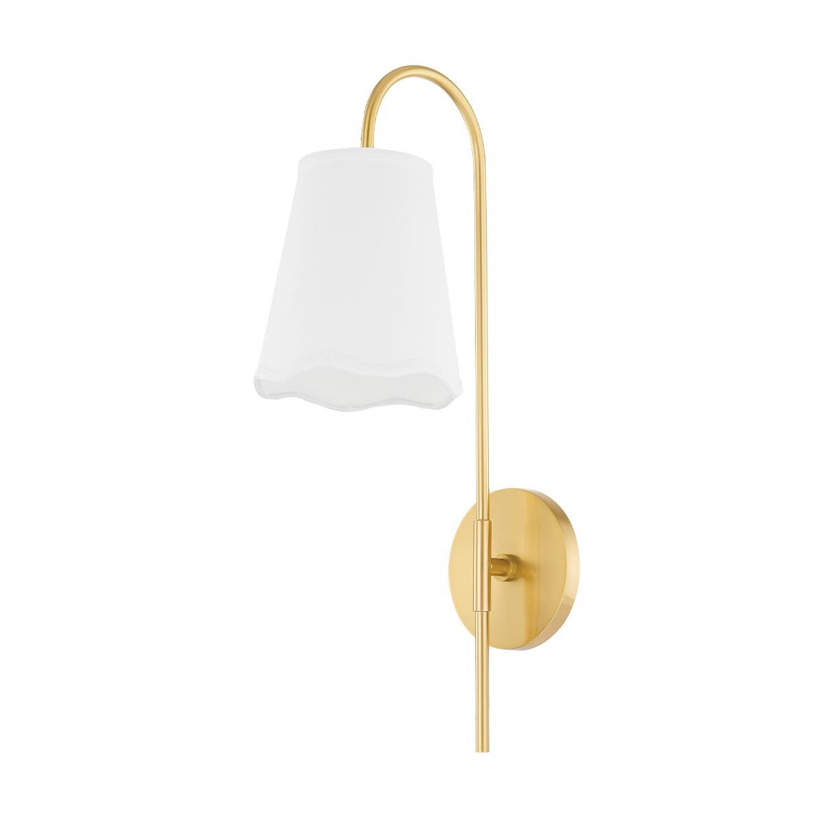 Shown in Aged Brass finish and White Linen shade