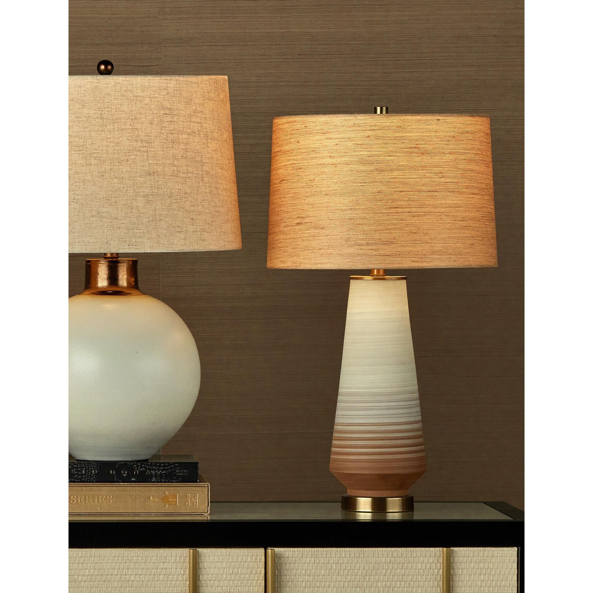 Shown in Beige, Pale Gray, Brown and Antique Brass finish and Brown Natural Rope shade
