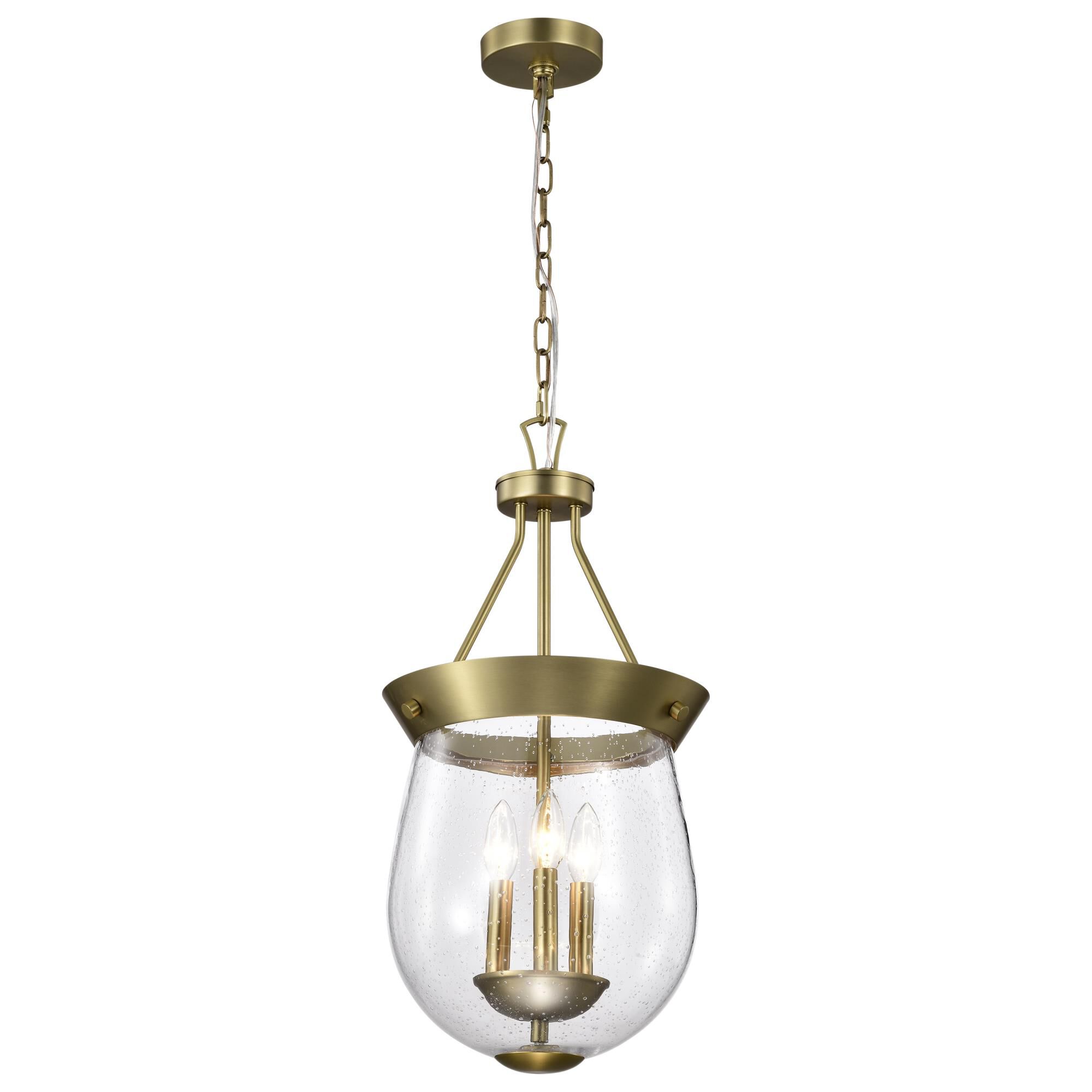 Shown in Vintage Brass finish and Clear Seeded glass