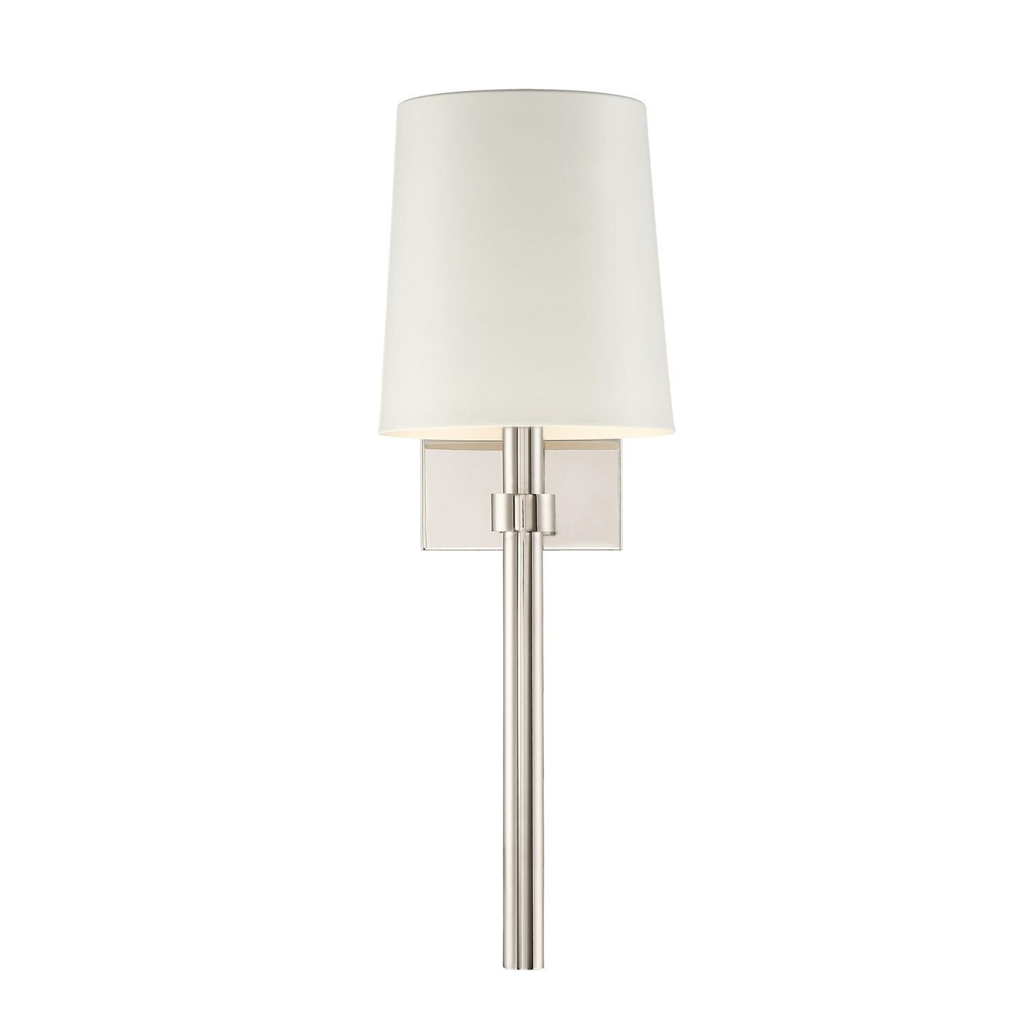 Shown in Polished Nickel finish and Silk glass and White shade