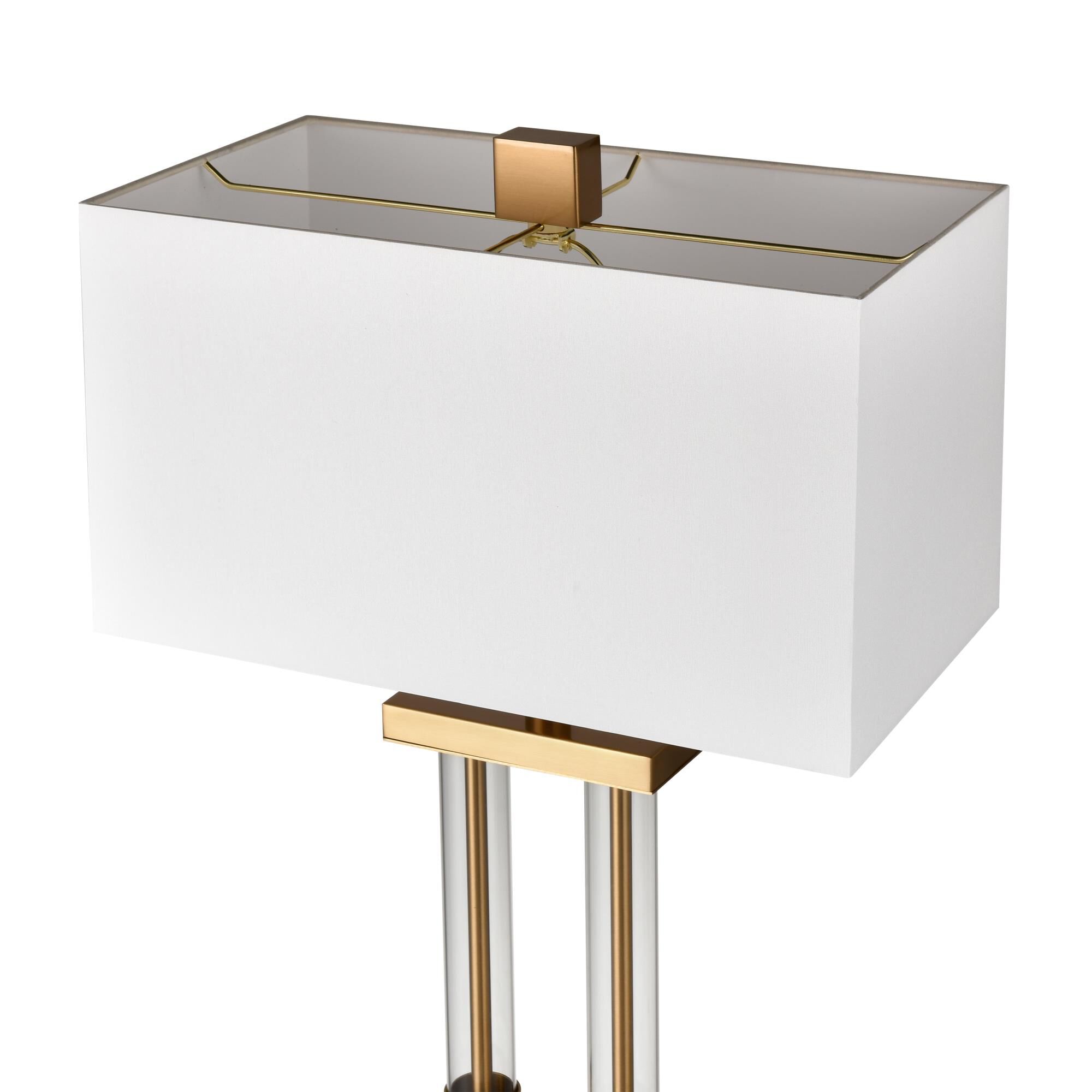 Shown in Clear finish and White Faux Silk Shade glass and White Faux Silk shade