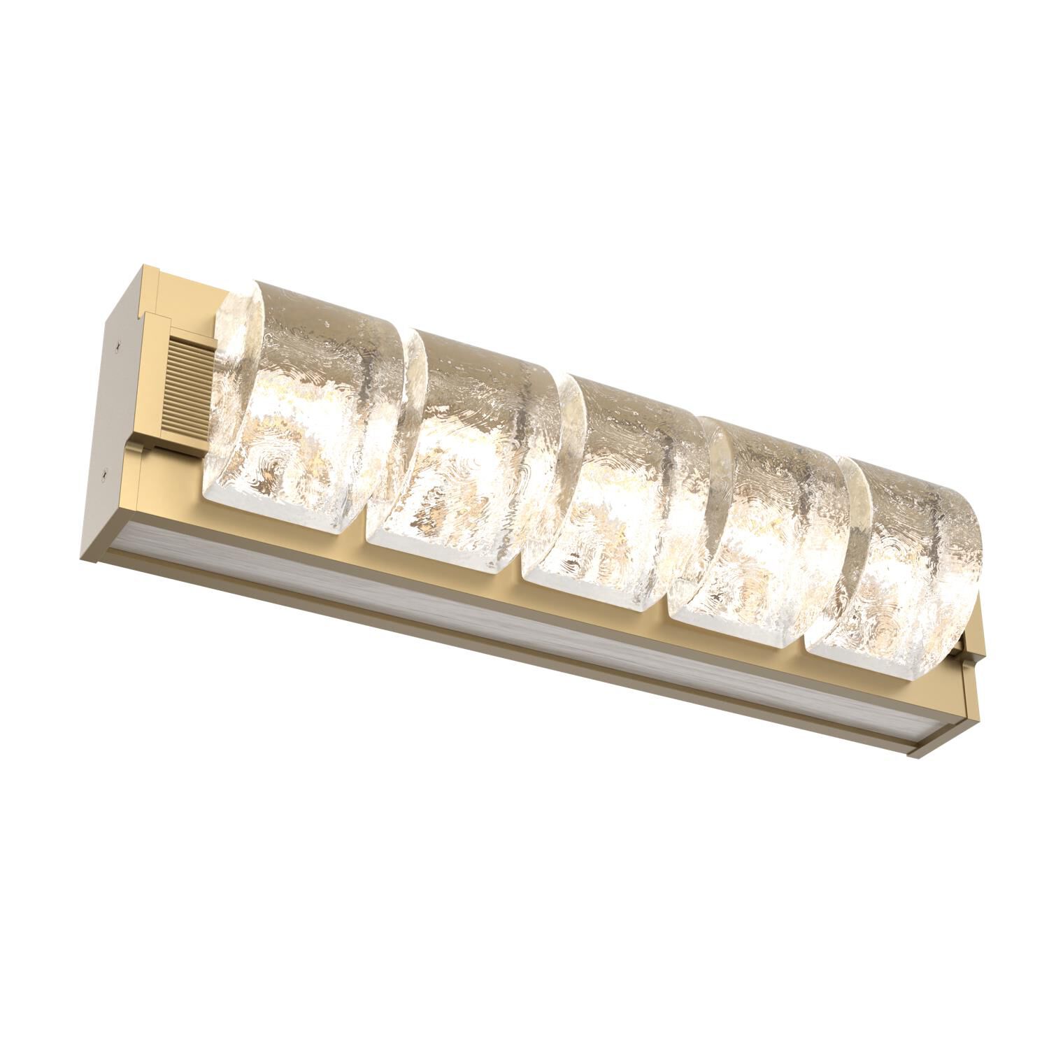 Shown in Gilded Brass finish and Clear Rounded glass and Light Oak accent