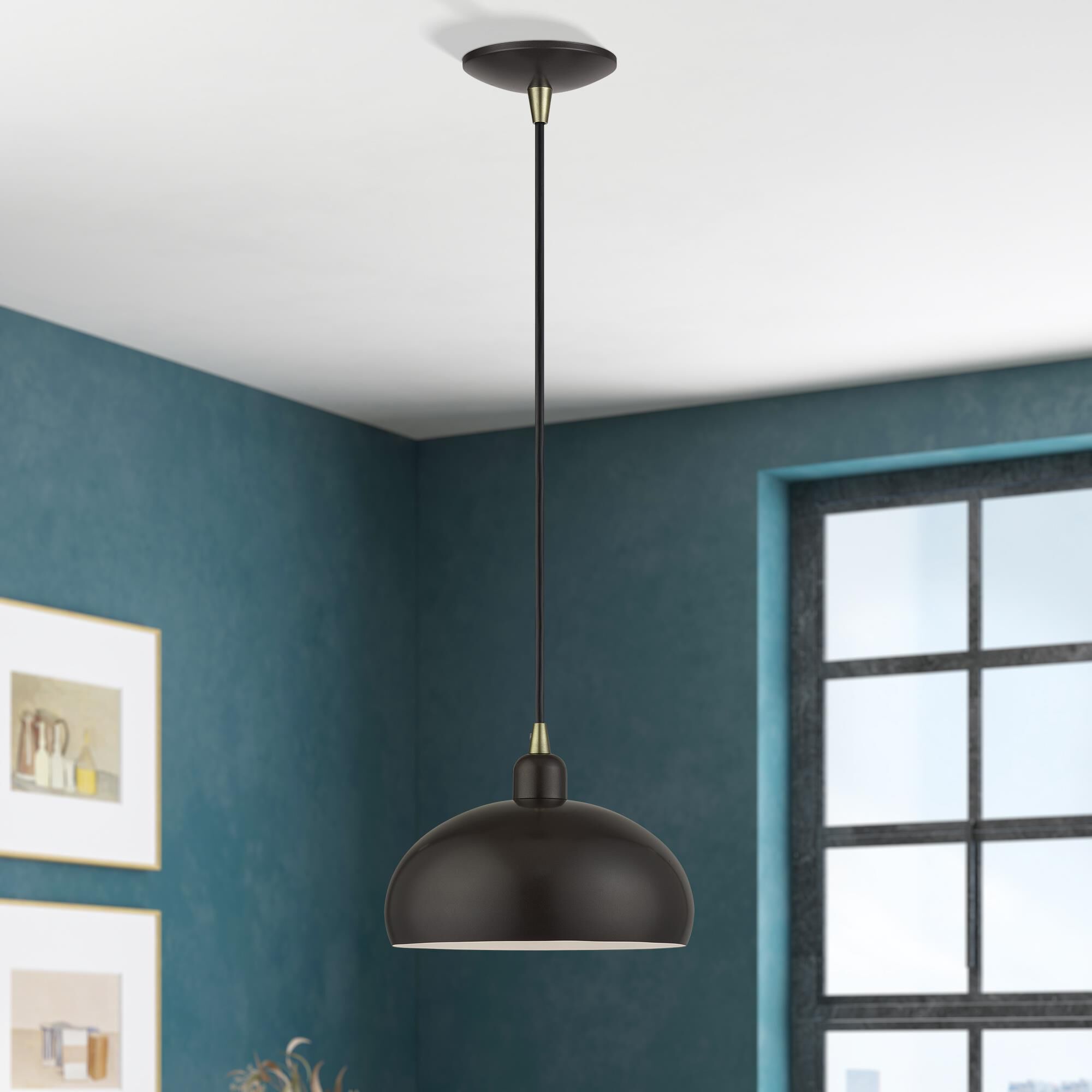 Shown in English Bronze with Antique Brass Accents finish and English Bronze Steel with Shiny White Inside shade