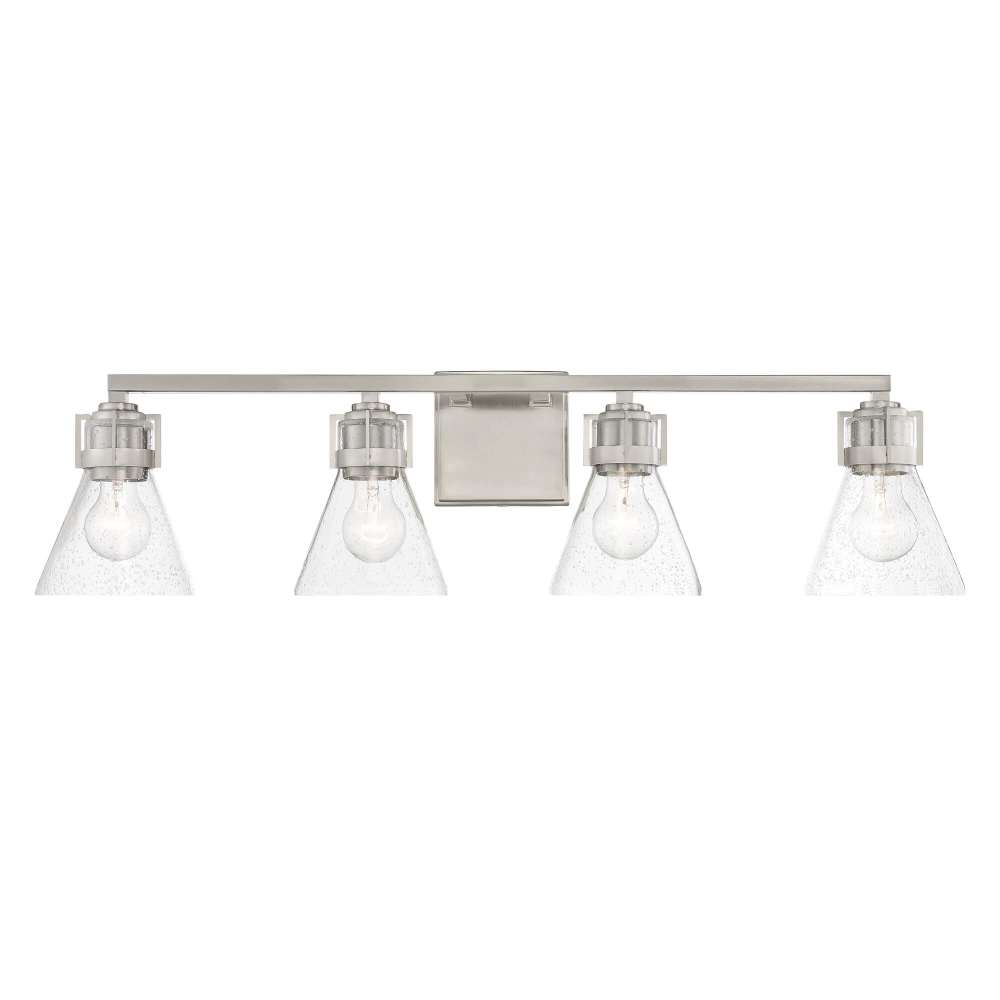 Shown in Brushed Nickel finish and Clear Seeded glass