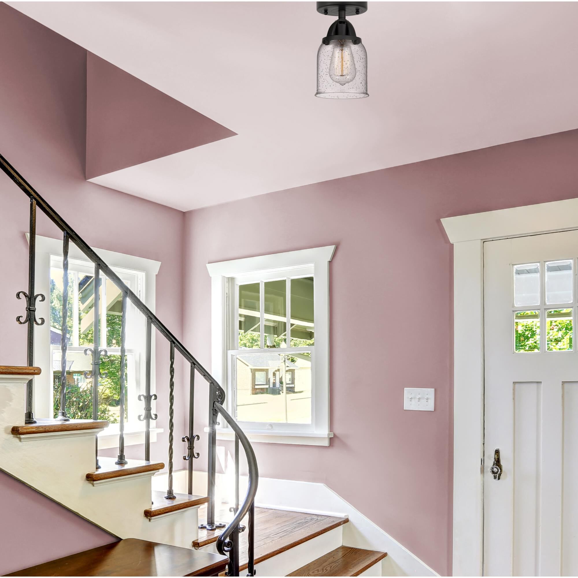 Shown in Matte Black finish and Seedy Small Bell glass and No Shade shade